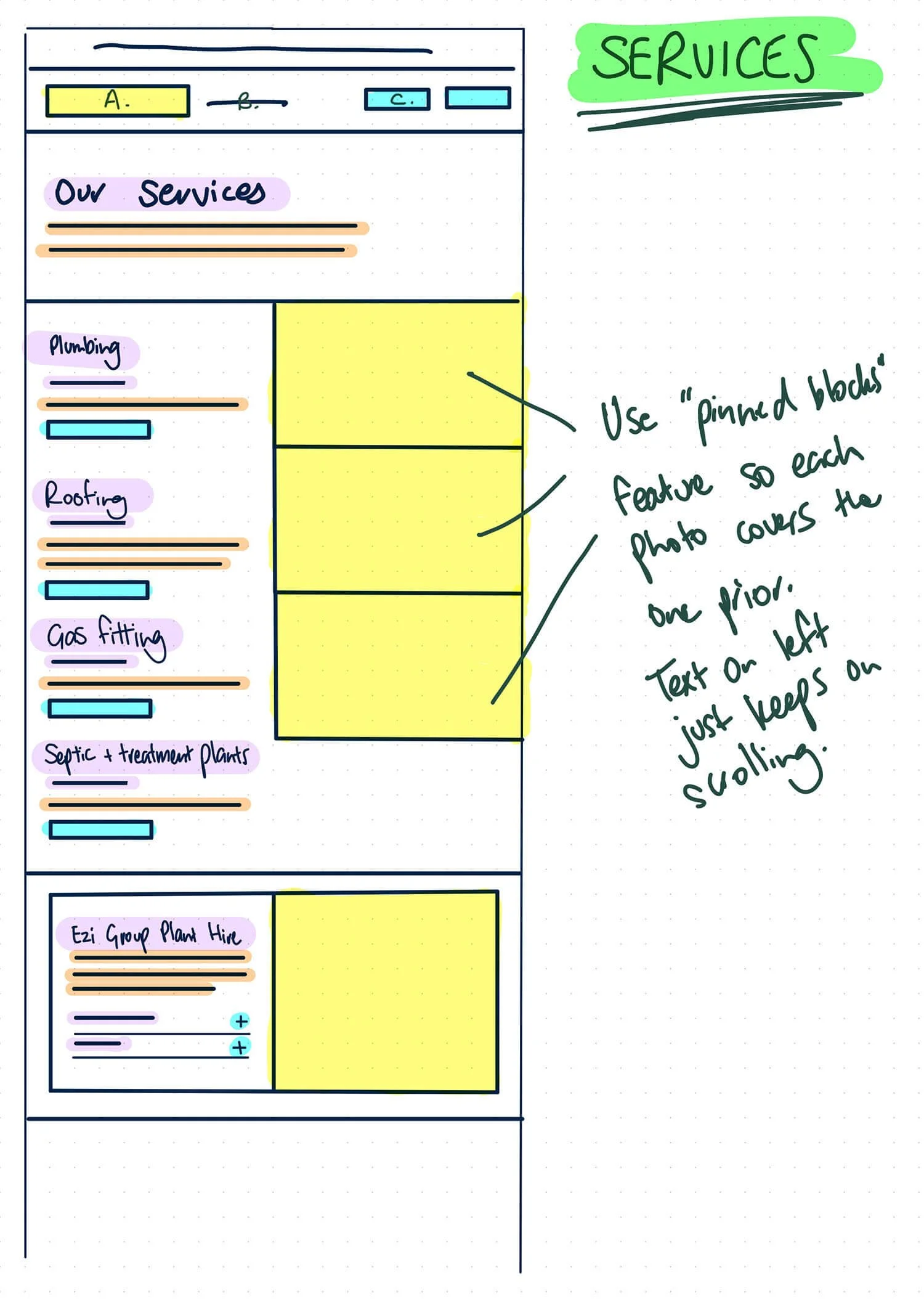 An early sketch of the wireframe options for the Ezi Group 'Services' page.