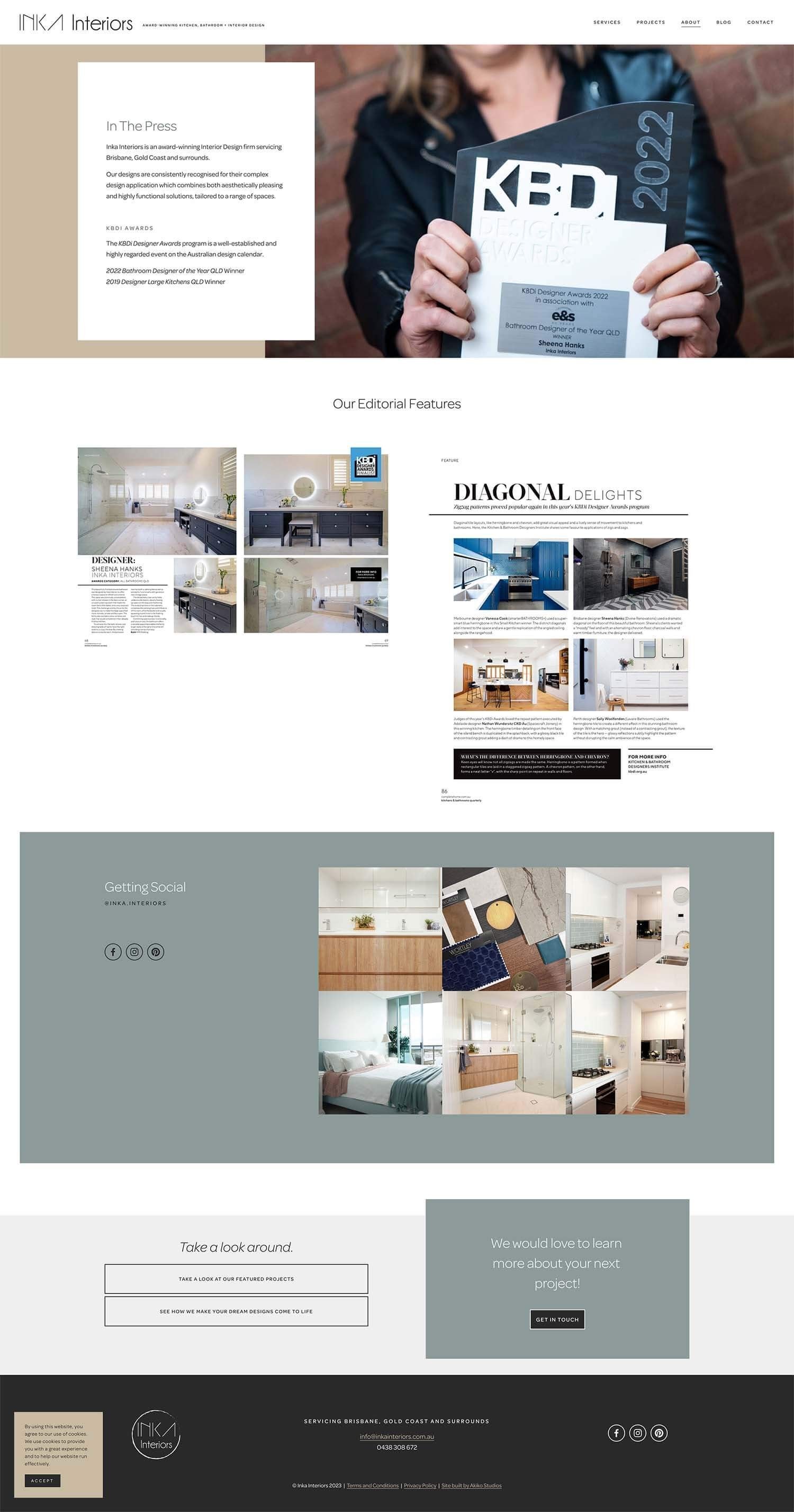 A screenshot of the redesigned Press page for Inka Interiors, created by kellgreen.co