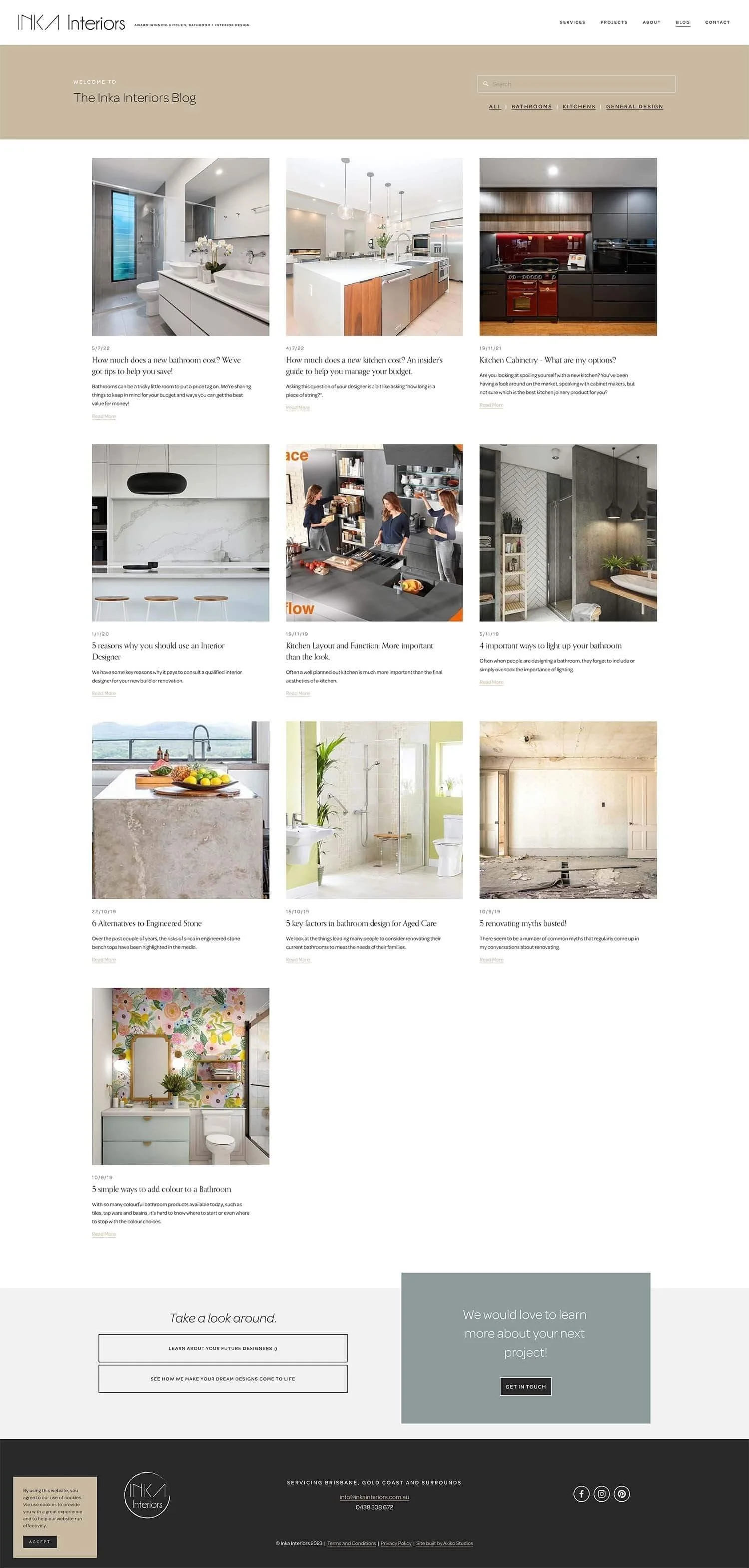 A screenshot of the redesigned Blog page for Inka Interiors, created by kellgreen.co