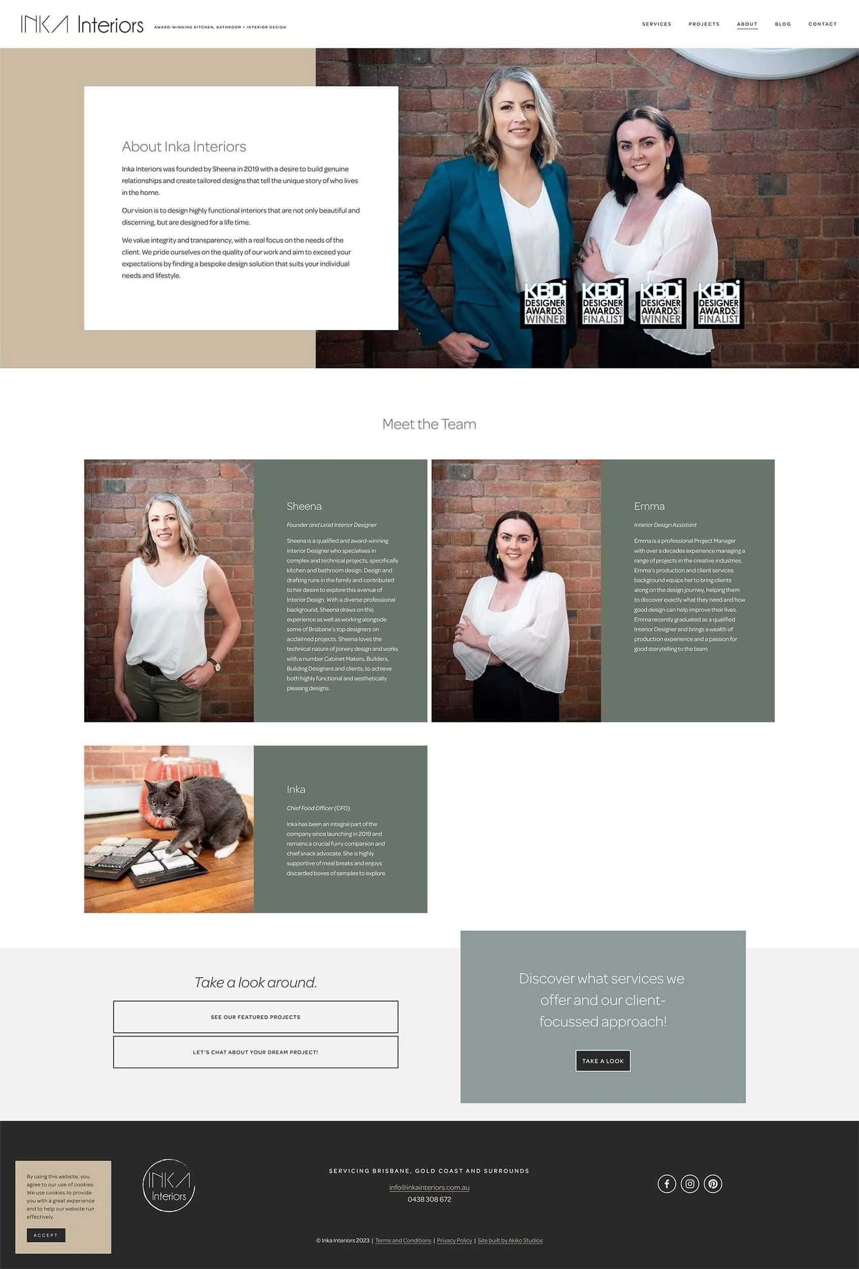 A screenshot of the redesigned About page for Inka Interiors, created by kellgreen.co