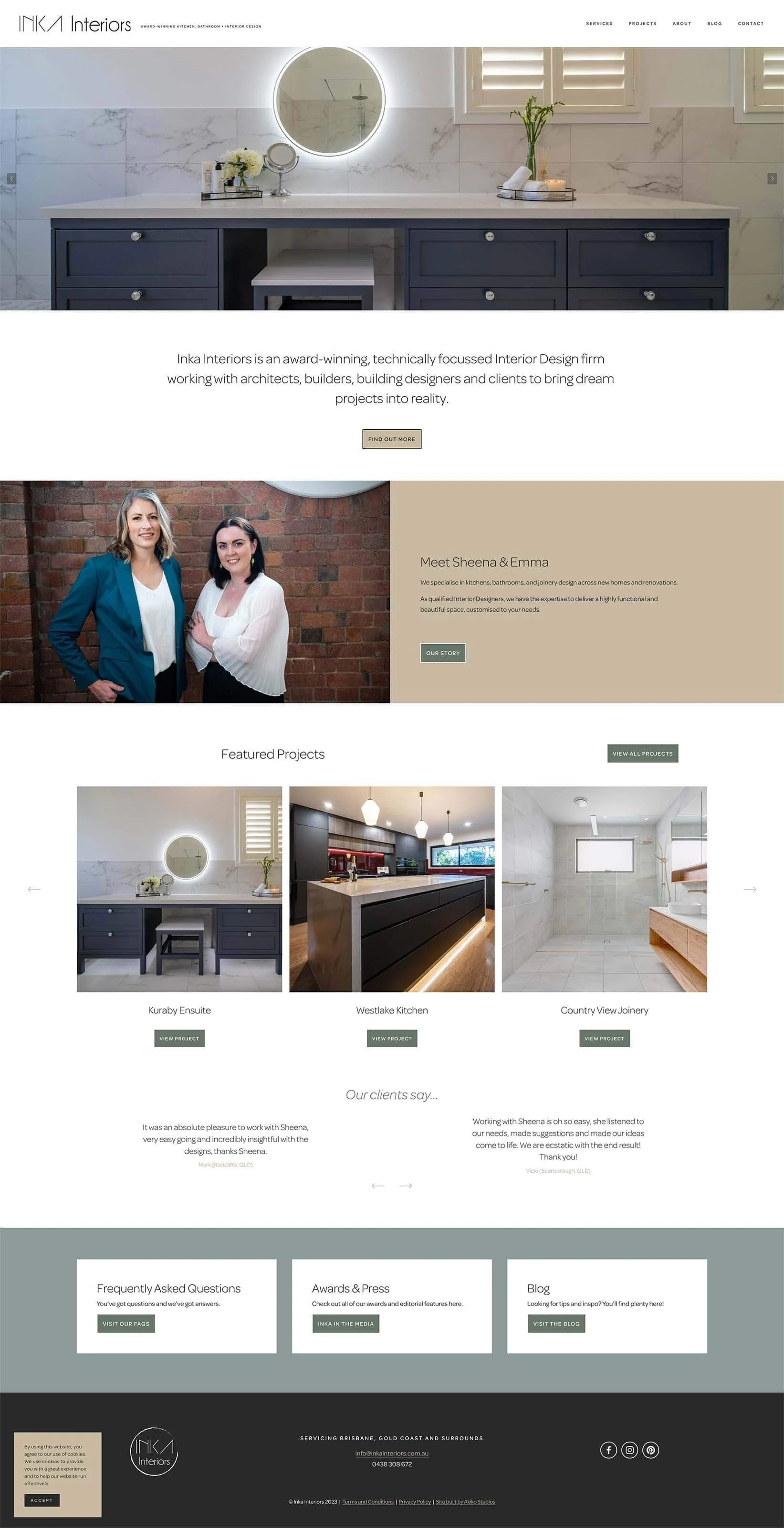A screenshot of the redesigned Home page for Inka Interiors, created by kellgreen.co
