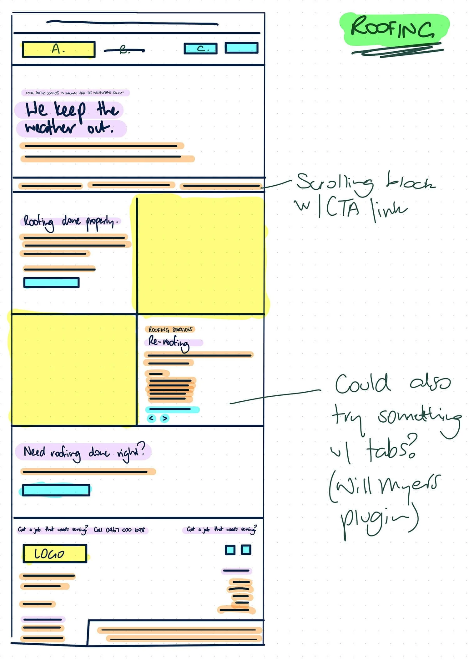 An early sketch of the wireframe options for the Ezi Group 'Roofing' page.