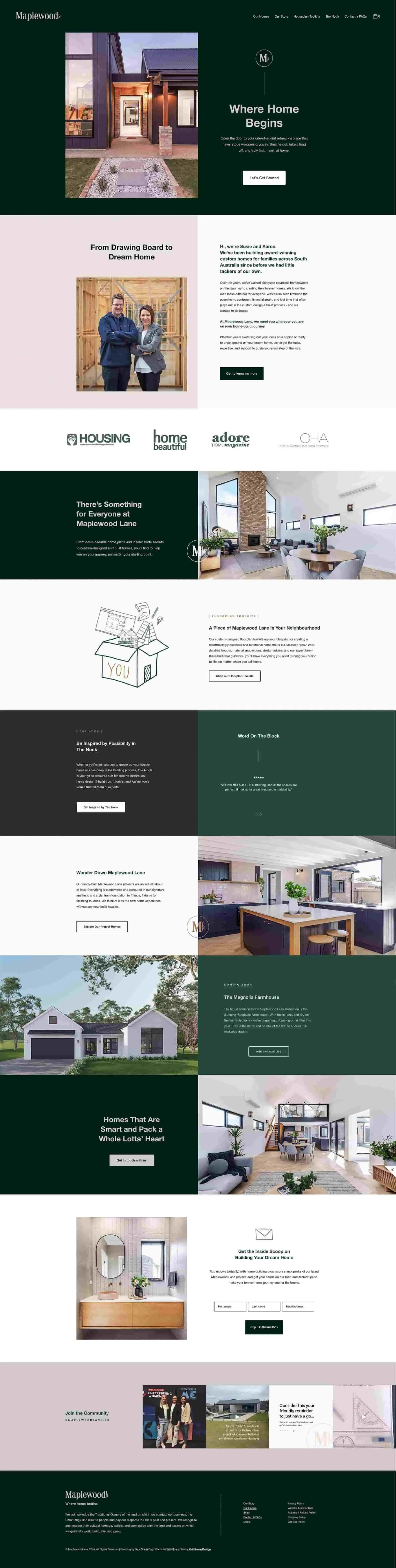 A screenshot taken of the Home page from the Maplewood Lane custom website project by Kell Green Design.
