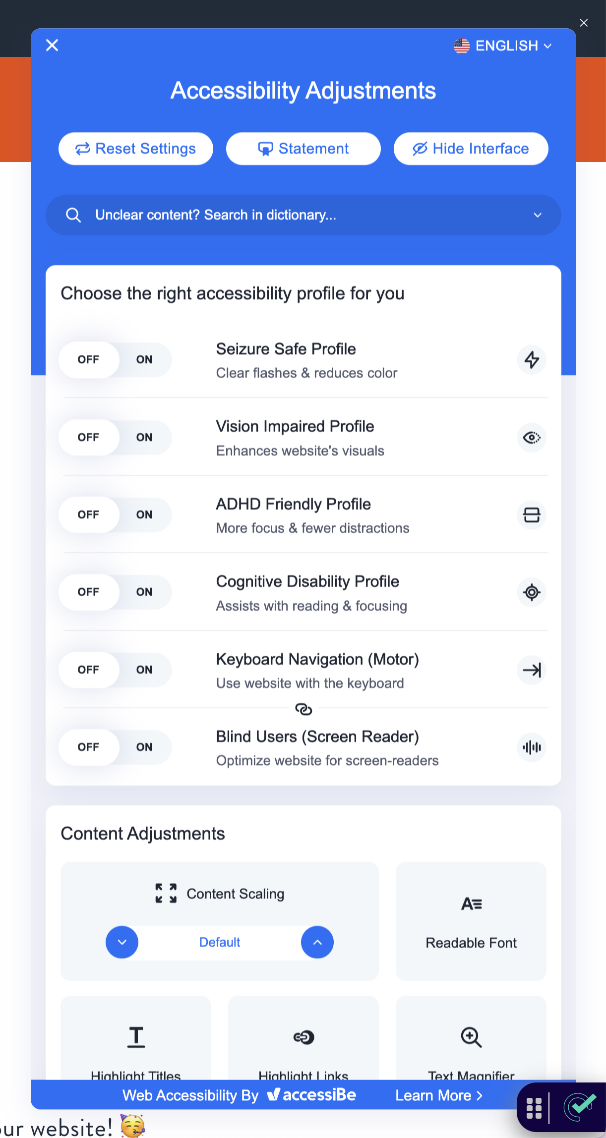 A screenshot of the accessWidget from accessiBe.