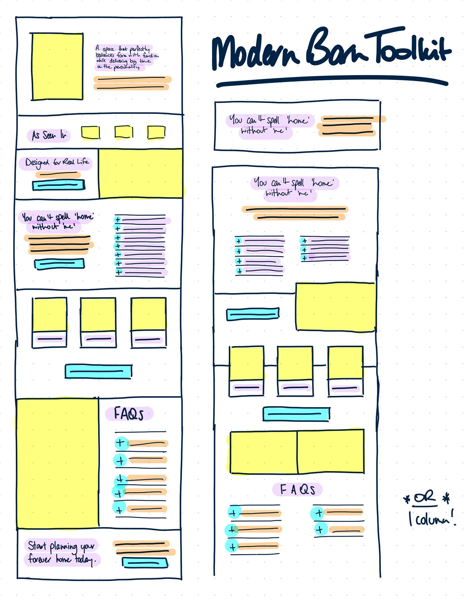 An early sketch of the wireframe options for the Maplewood Lane 'Toolkit' sales page.