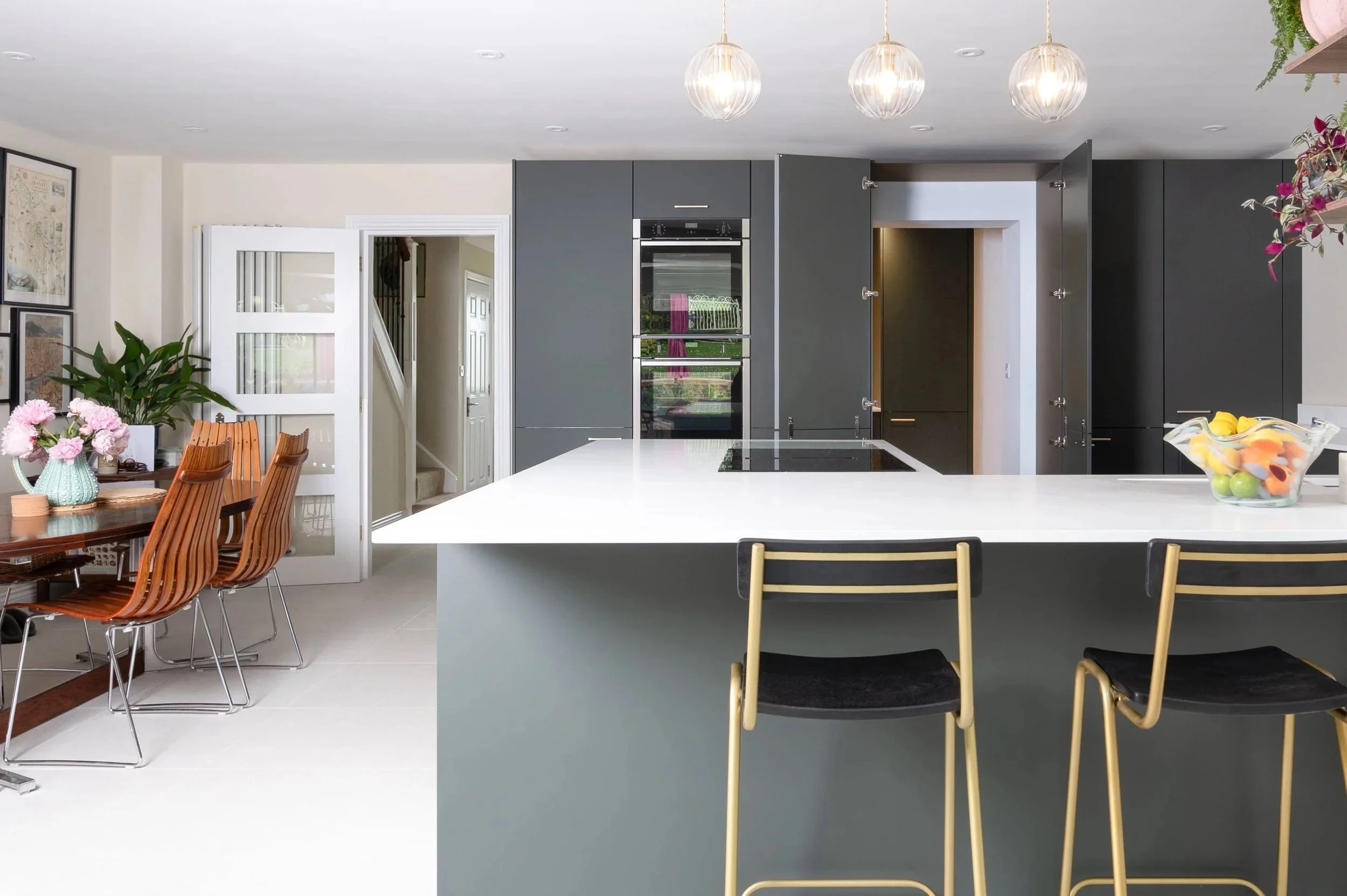 CONTEMPORARY GREEN AND OAK KITCHEN IN HERTFORD
