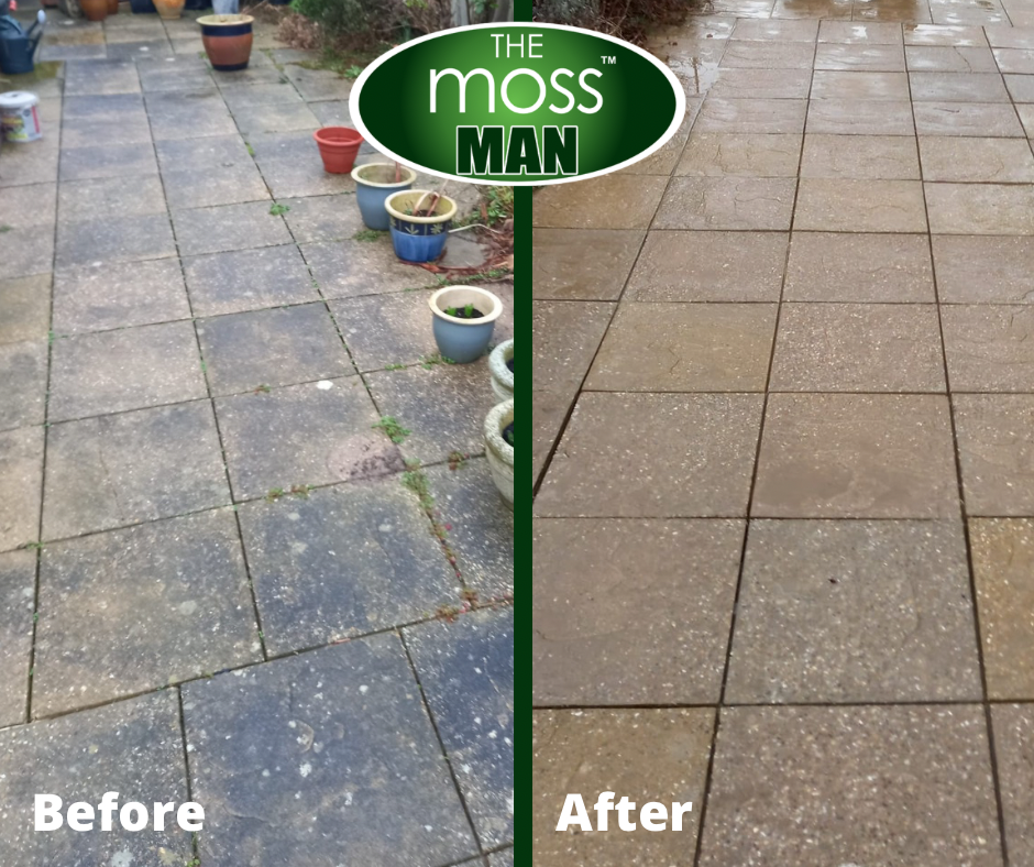 Comparison of a patio before and after cleaning. The left side shows a dirty, mossy patio with potted plants, and the right side shows a clean, restored patio. The logo "The Moss Man" is at the top center.