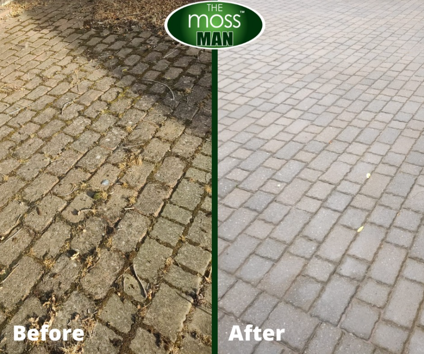 Side-by-side comparison of a cobblestone pavement before and after cleaning or repair. The 'Before' side shows dirt, debris, and uneven stones, while the 'After' side shows a clean, even, and well-maintained surface.
