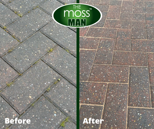 Side-by-side comparison of a paved walkway before and after cleaning or restoration. The 'Before' side shows a gray brick surface with weeds growing between the bricks; the 'After' side shows a cleaner, reddish-brown brick surface with no weeds.
