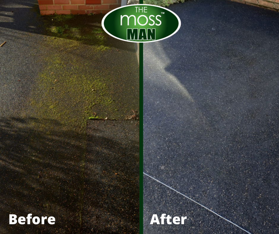 Split image showing a driveway before and after cleaning. The left side is dirty with moss and grime, while the right side is clean and free of moss.