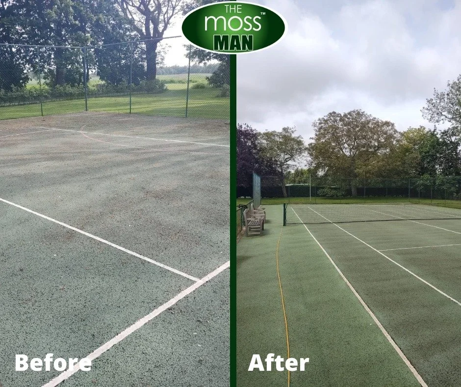 Comparison of a tennis court before and after moss removal. The left side shows an aged, moss-covered court with faded lines, while the right side shows a clean, green court with clear lines and surrounding trees.