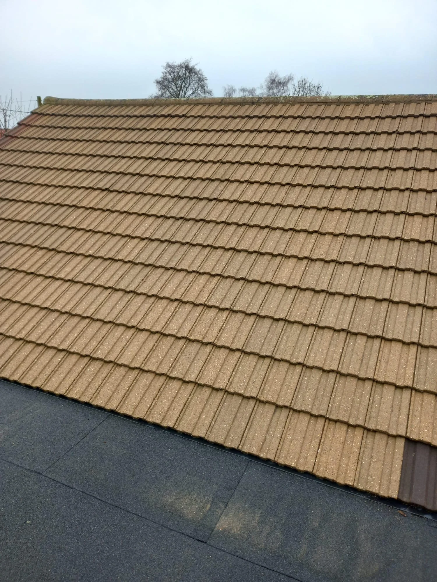 Close-up of a brown tiled roof with a small section of black roofing material at the bottom and trees in the background under an overcast sky.
