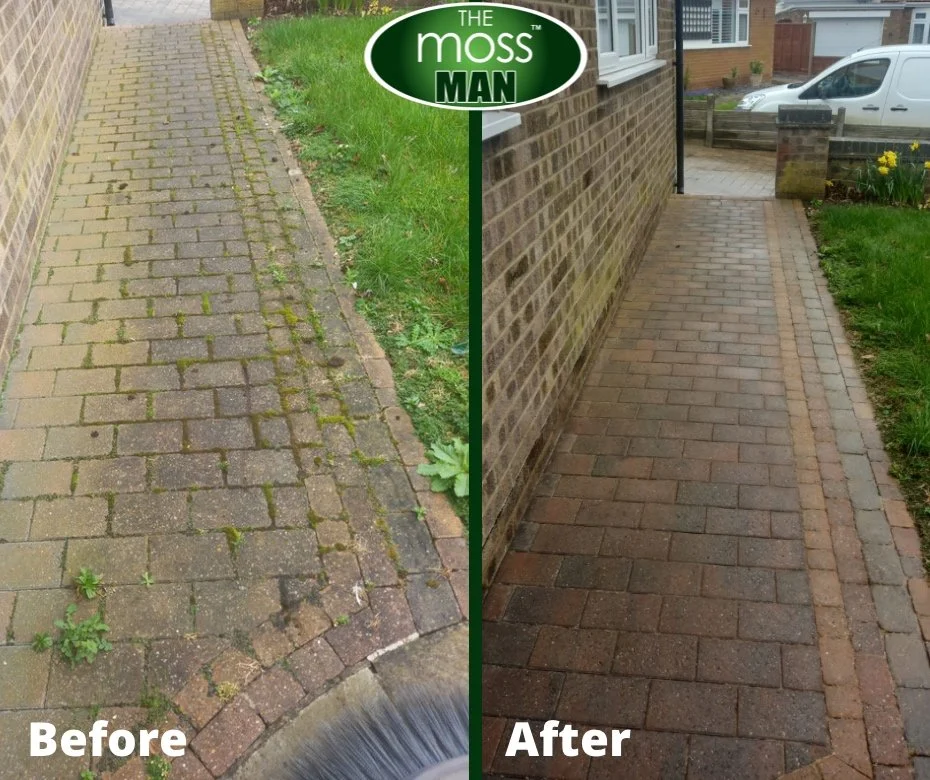 Side-by-side comparison of a brick walkway before and after cleaning. The "Before" side shows a mossy and dirty brick path with weeds and moss between the bricks. The "After" side shows a clean, neat brick path with no moss or weeds, and the bricks appear darker and freshly cleaned.