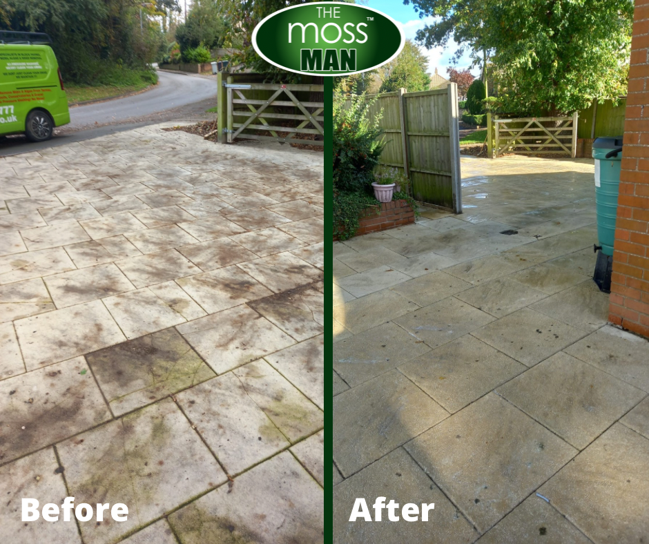 Side-by-side comparison of a driveway before and after cleaning, with the 'Before' showing moss and dirt and the 'After' showing clean, dry paving stones with sunlight.