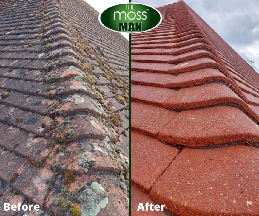Split image showing a comparison of roof tiles before and after cleaning. The left side displays old, moss-covered, weathered roofing tiles, while the right side shows clean, new, reddish tiles. The logo at the top reads 'The Moss Man'.