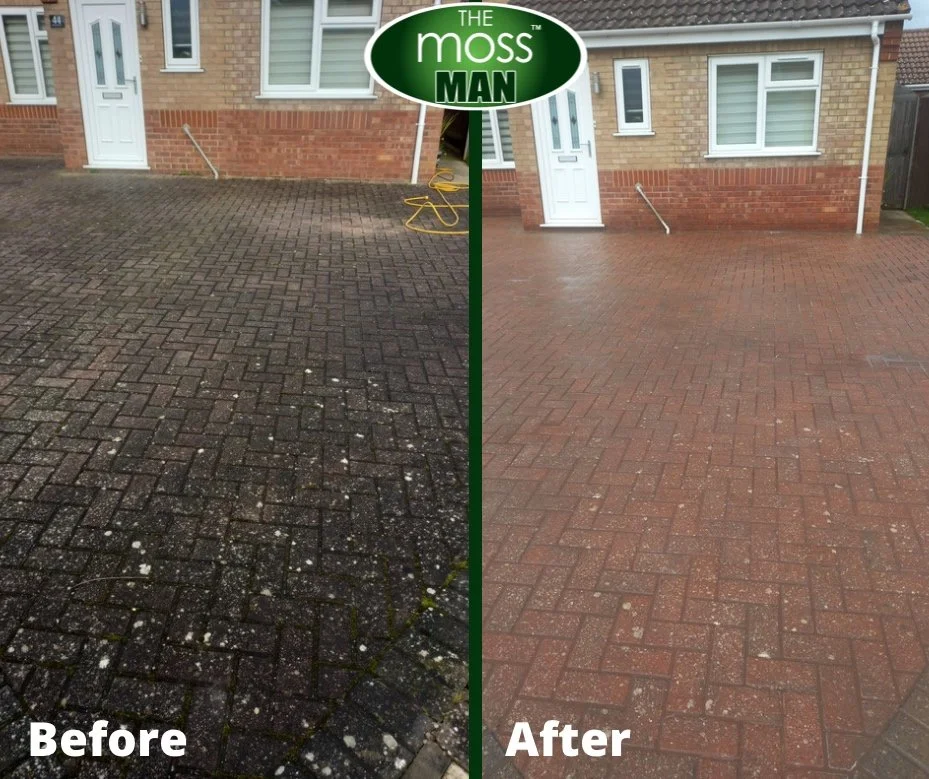 Comparison of a driveway before and after cleaning. The left side shows a dark, dirty surface with white spots and moss, while the right side shows a clean, reddish, brick-patterned surface.
