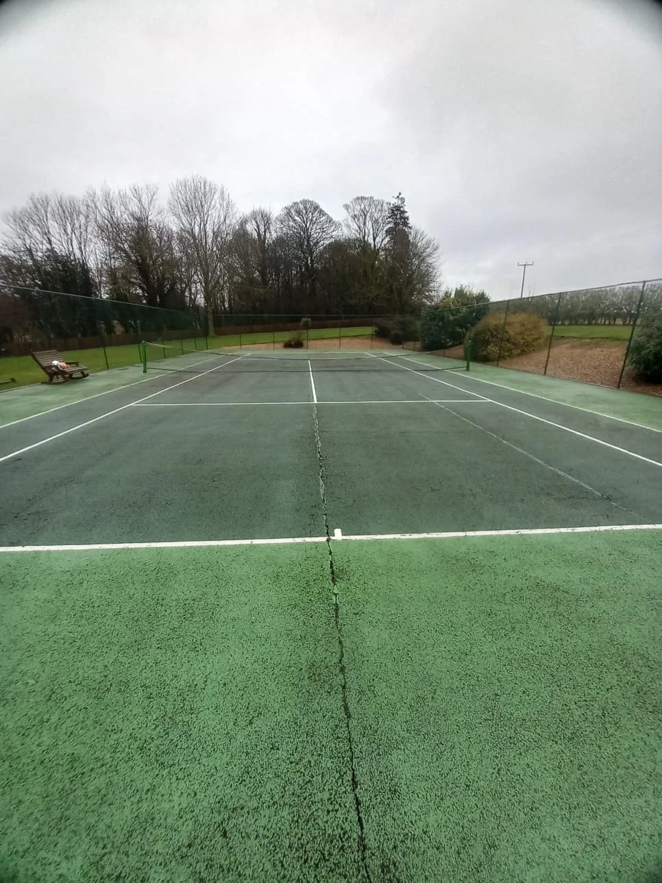 Empty outdoor tennis court with green surface, surrounded by a black fence and trees in the background, overcast sky.