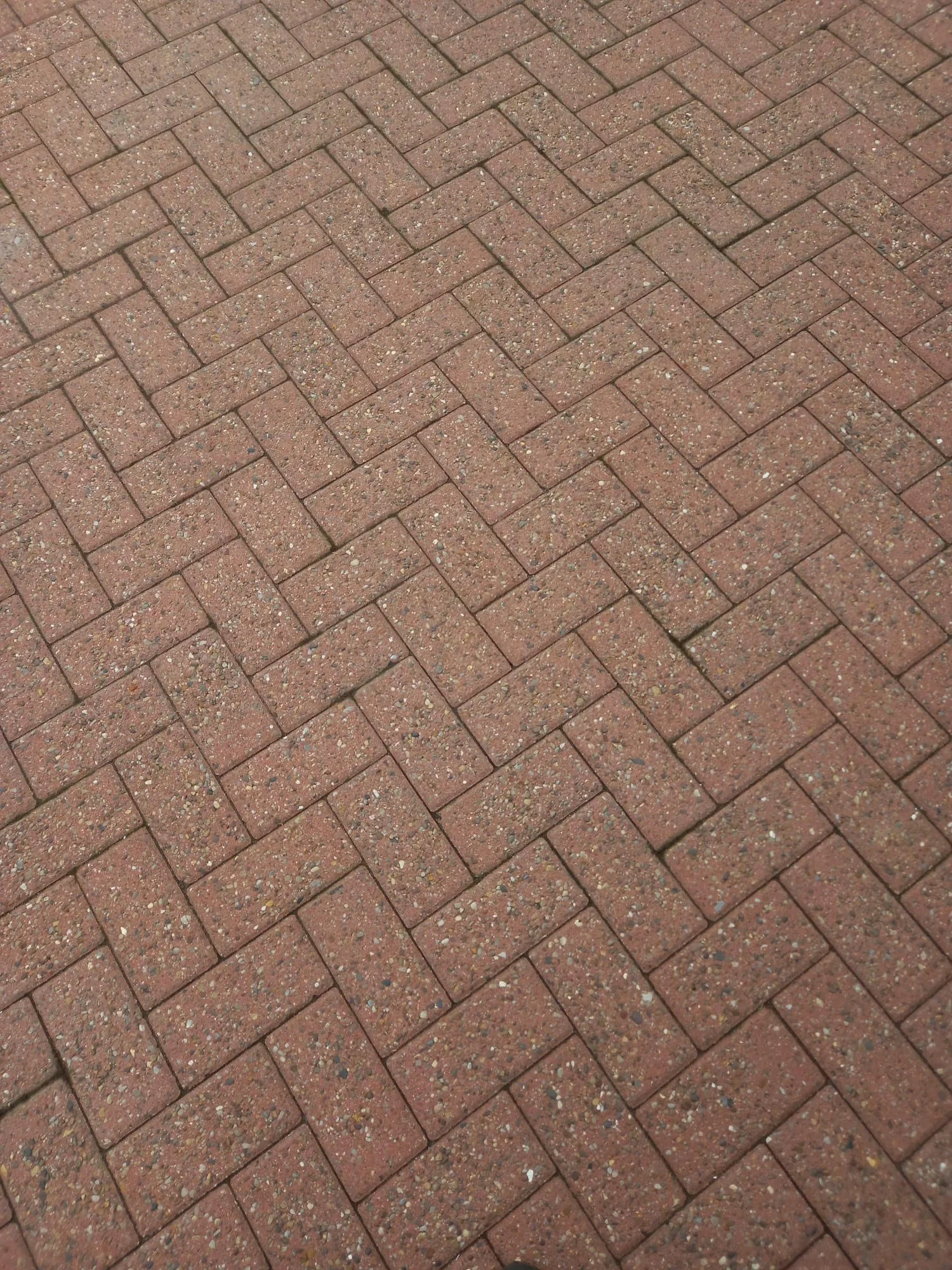 Red brick pavement with herringbone pattern.