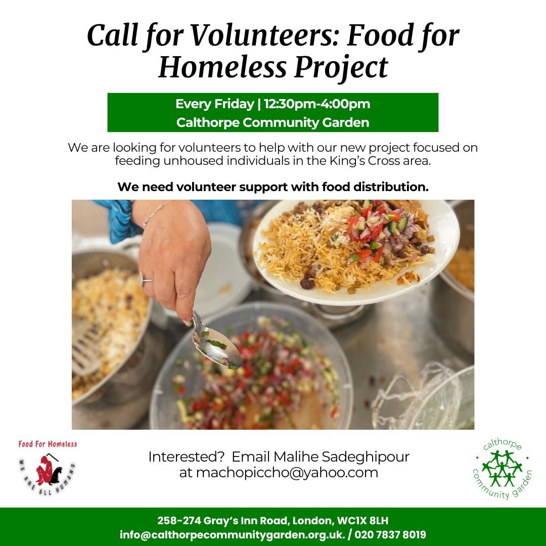 🥗🍛🥘We are looking for volunteers to help distribute food to unhoused individuals across the King's Cross community!

@foodforhomelesscamden is partnering with Calthorpe Community Garden to provide nutritious meals to unhoused communities in King's