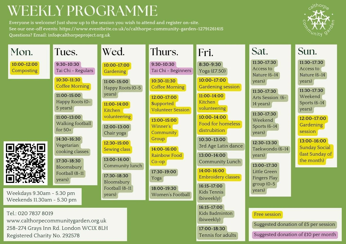 🌟What’s on?💫
Zoom in to find out what we have going on at Calthorpe every week. As always, everyone is welcome. Please drop in and say hello, make a new friend or meet with old ones for a yummy meal and a stroll around the garden.
Calthorpe