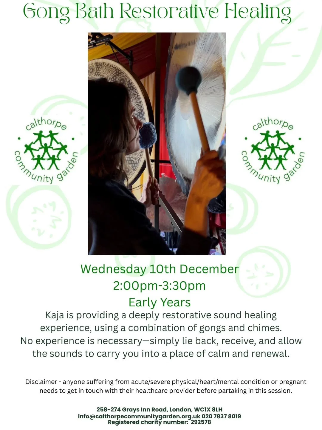 TOMORROW! Join us at Calthorpe for a restorative gong bath session led by Kaja (@liberating.sounds) from 2pm. Visit the link in bio for more info and to reserve your spot 🧘