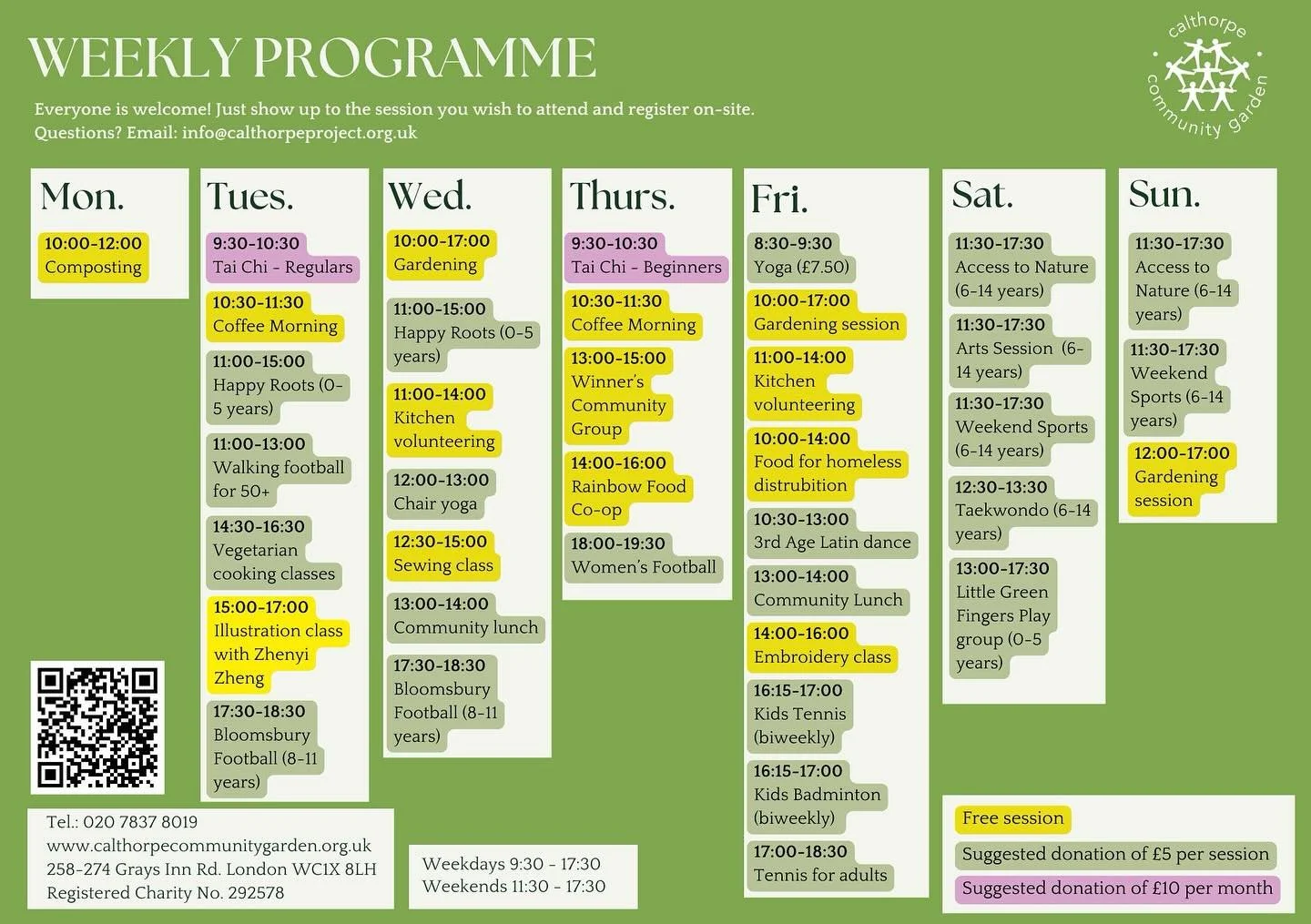 🌟What&rsquo;s on?💫

Zoom in to find out what we have going on at Calthorpe every week. As always, everyone is welcome. Please drop in and say hello, make a new friend or meet with old ones for a yummy meal and a stroll around the garden.

Calthorpe