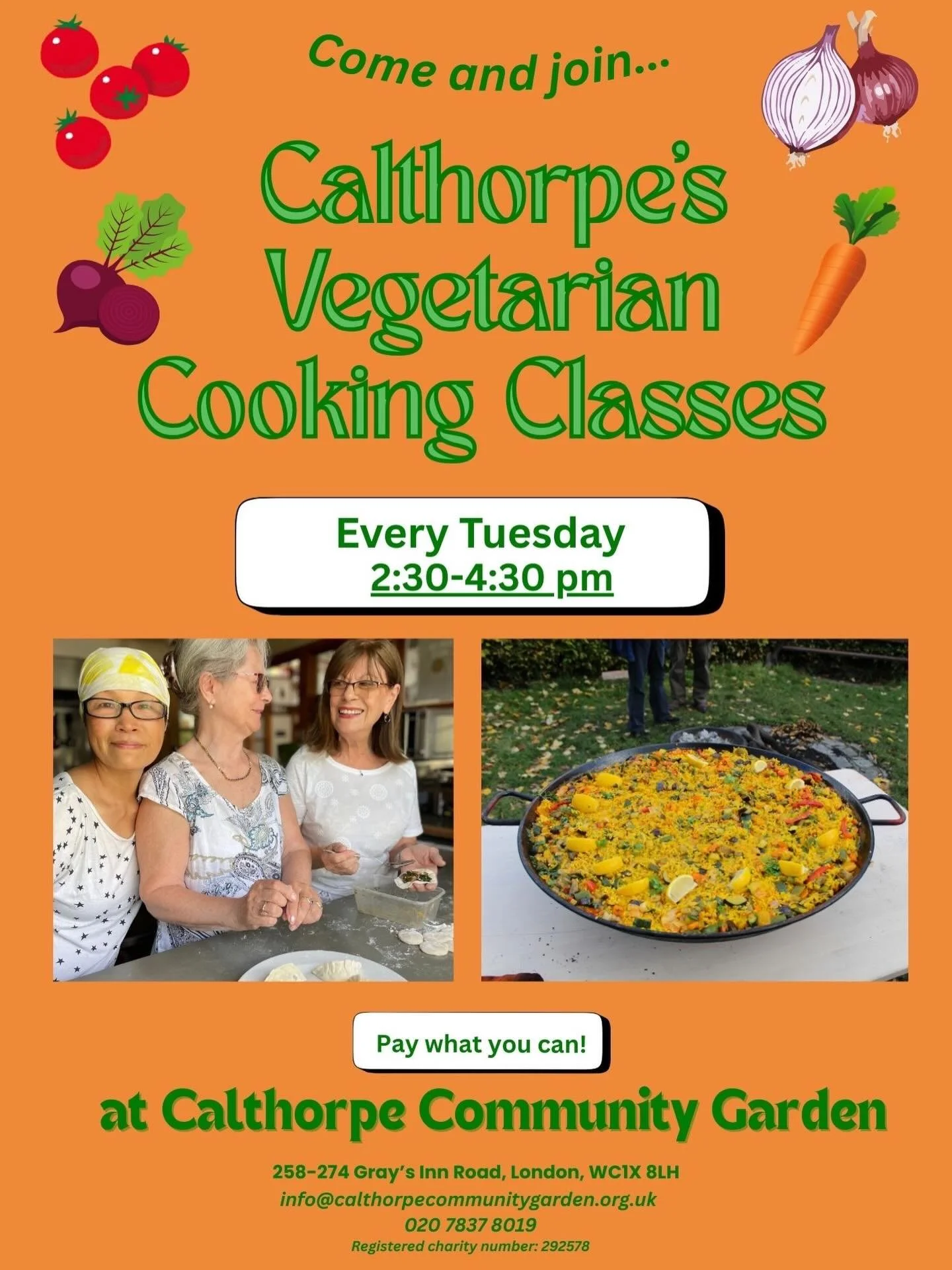 On Tuesdays we host our vegetarian cooking classes 🥕🥬🍆

Come along if you&rsquo;re interested in learning some new recipes and meeting new people. Everyone welcome. No need to register in advance, just show up🌟

📍Calthorpe Community Garden, WC1X