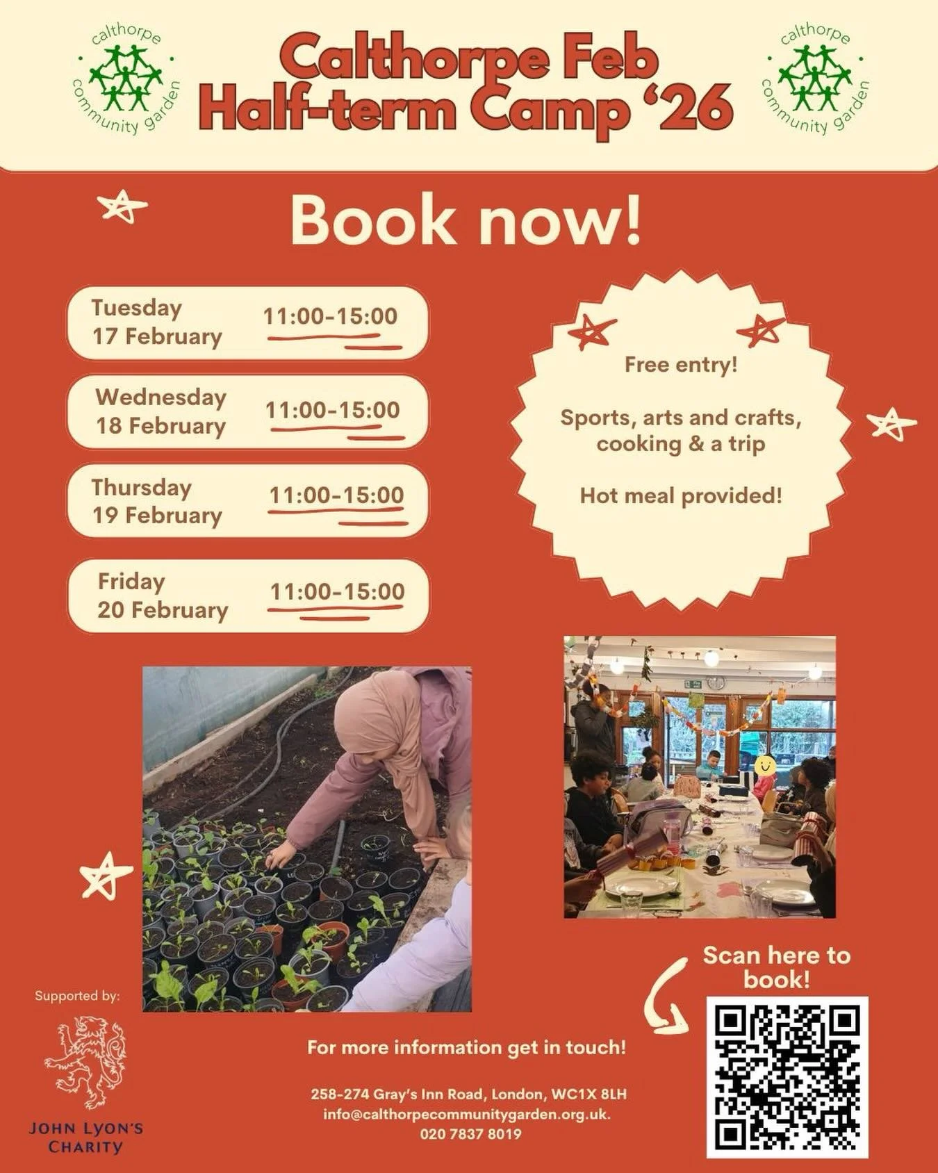 🌟Feb Half Term🌟

Sign up now to our Feb half term kids holiday camp. 

📆 Tuesday 17 - Friday 20 February
⏰ 11am-3pm
🎭 Sports, arts, cooking and a trip!
🍜 Hot meals provided
🆓 Free, but donations are welcome. Link in our bio.

❓Any questions, em