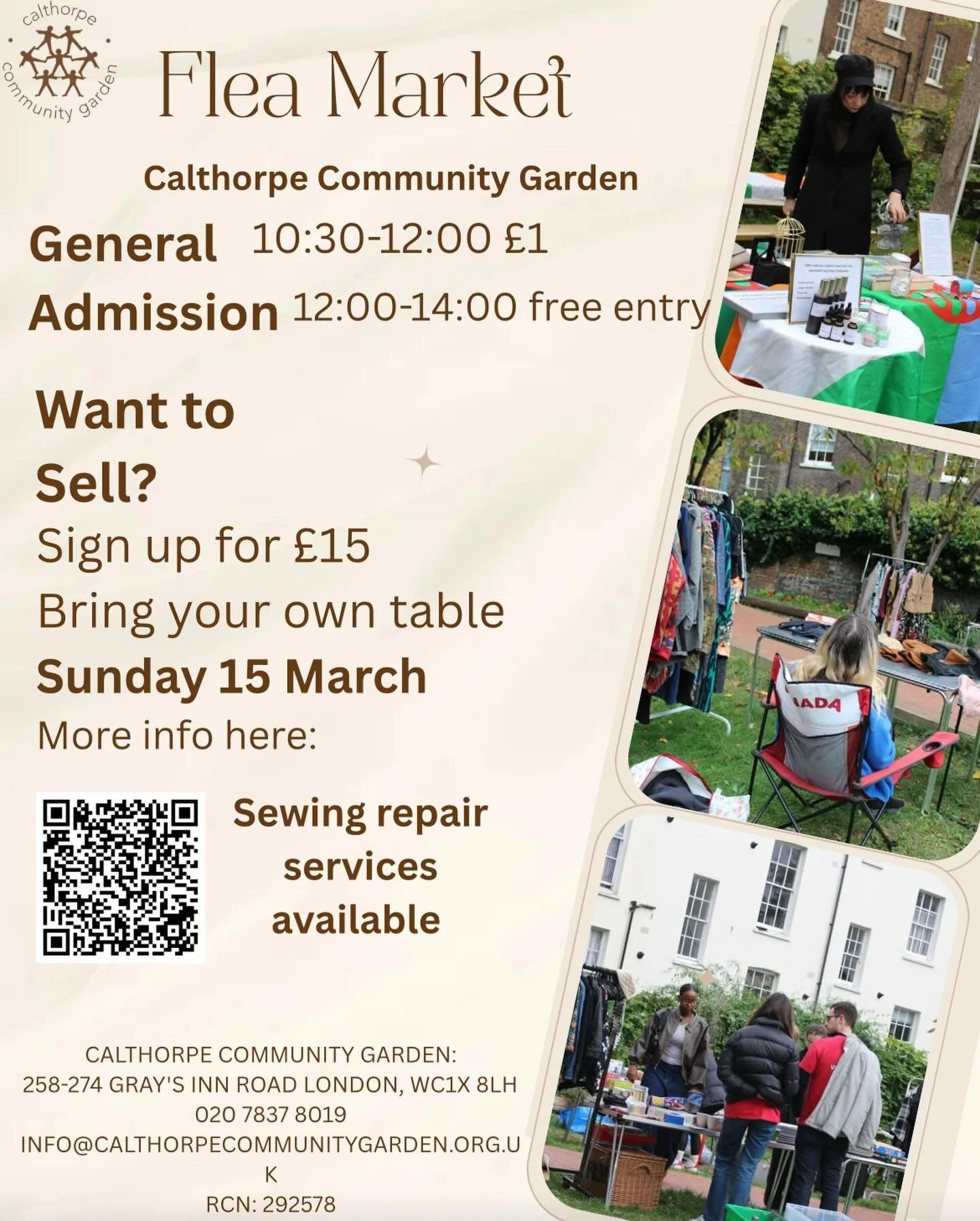 Flea Market at Calthorpe Community Garden!

Join us on Sunday 15 March for our community flea market in our beautiful garden space. Sewing repair services will also be available 

General Admission:
10:30&ndash;12:00 &ndash; &pound;1
12:00&ndash;14:0