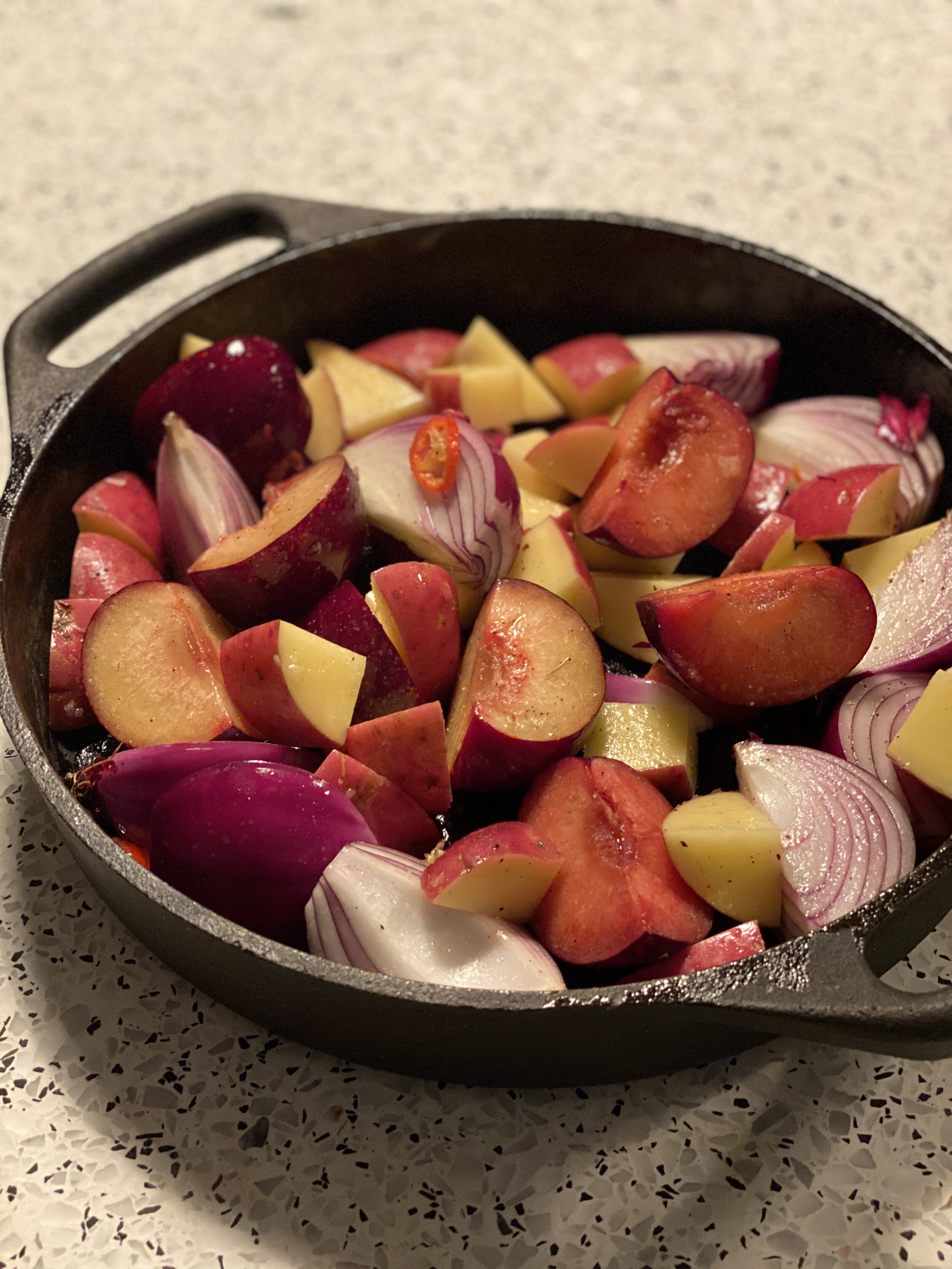 Plums, onions, and potatoes for roasting (Copy)