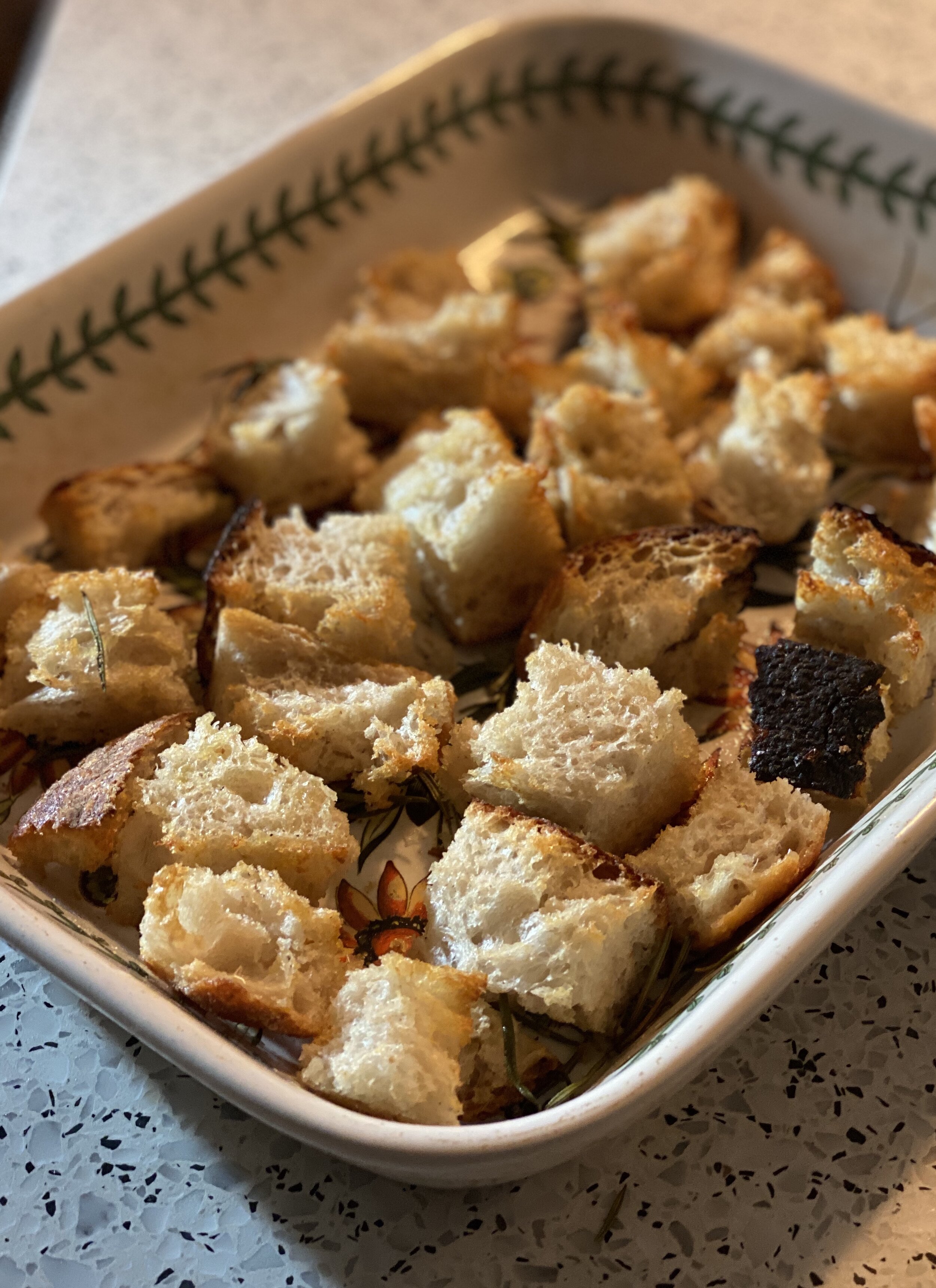Sourdough croutons in an oven tray