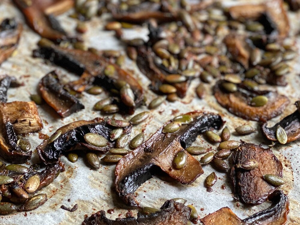 A close up shot of tamari roasted mushrooms