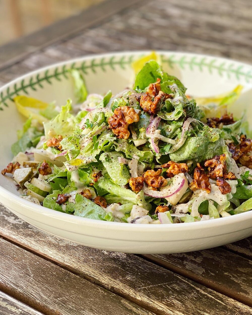 A waldorf salad with juicy pears and caramelised chilli walnuts