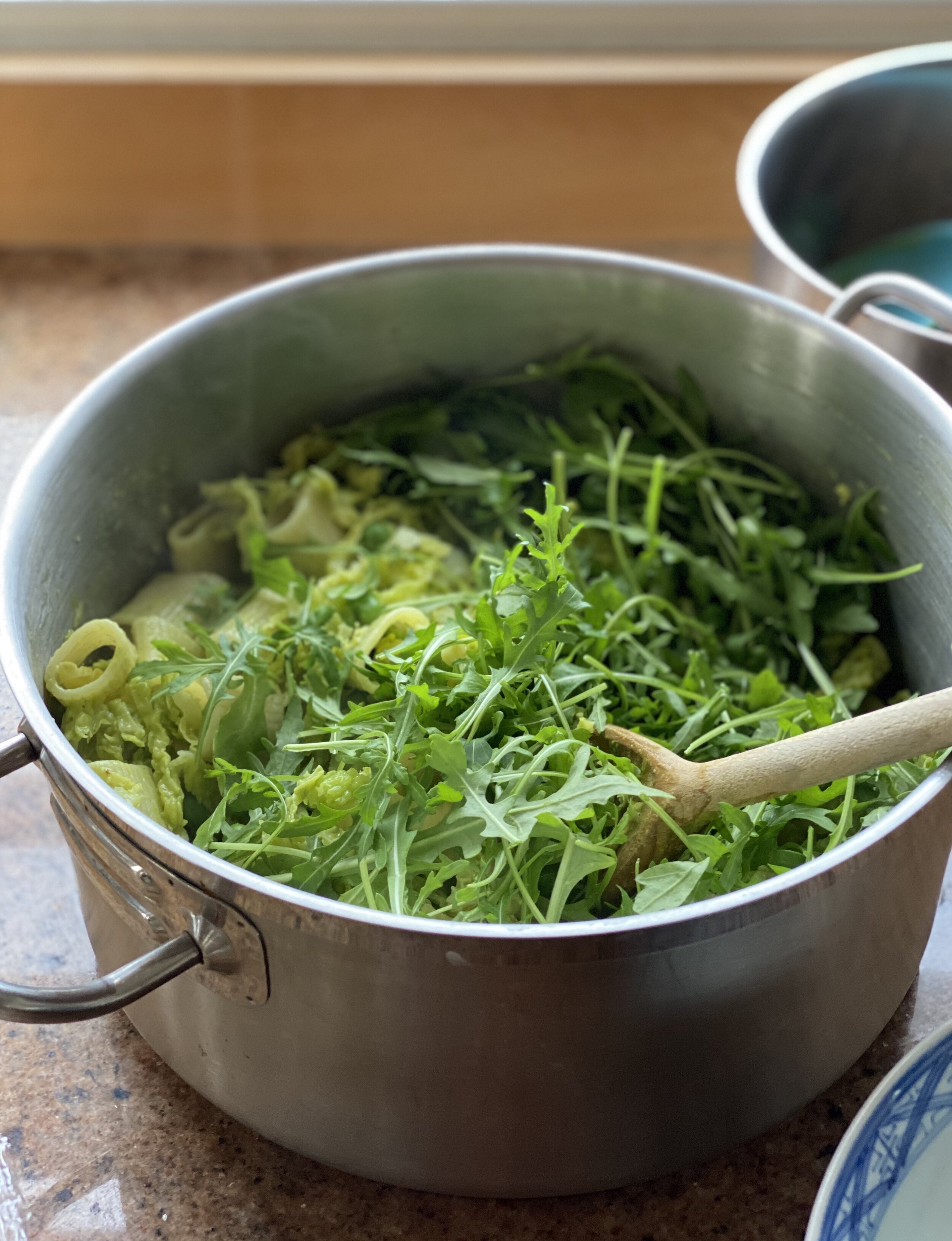 Odds and ends greens pasta with fresh rocket