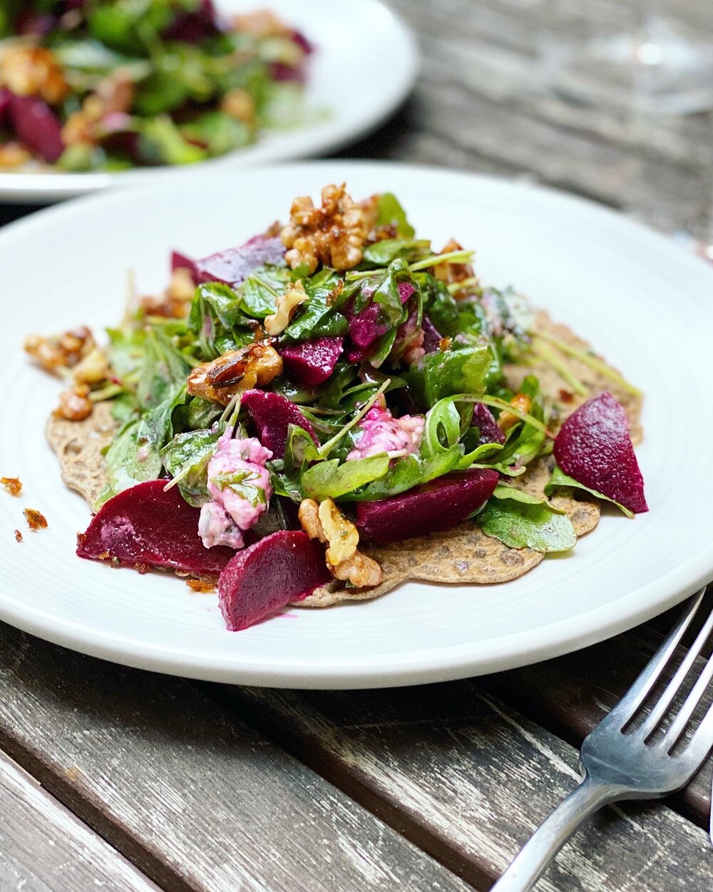 Buckwheat crepes with ricotta., beetroot and caramelised walnuts