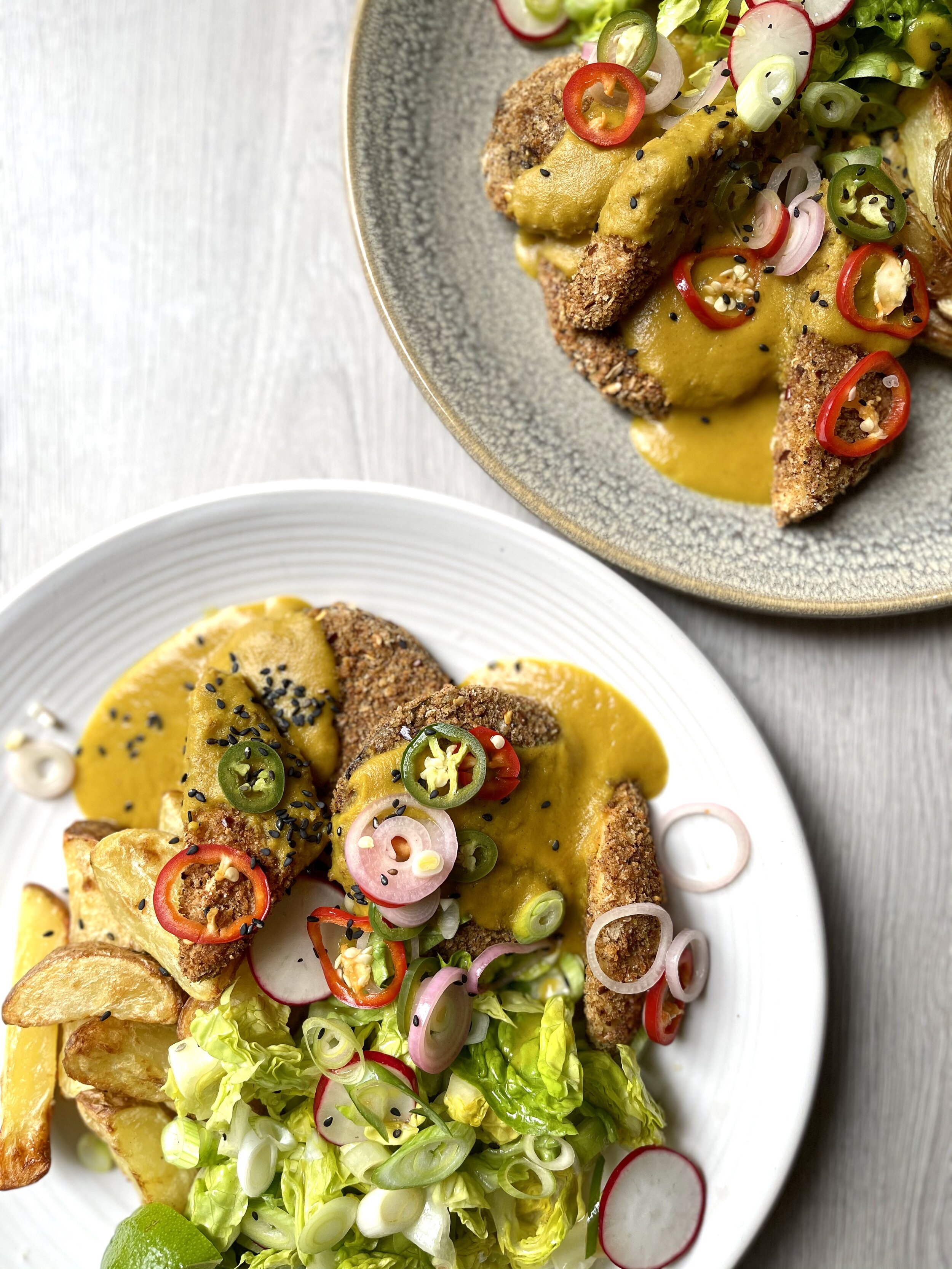 A vegcentric aubergine &amp; tofu katsu curry, with flavour-hack pickled chillies