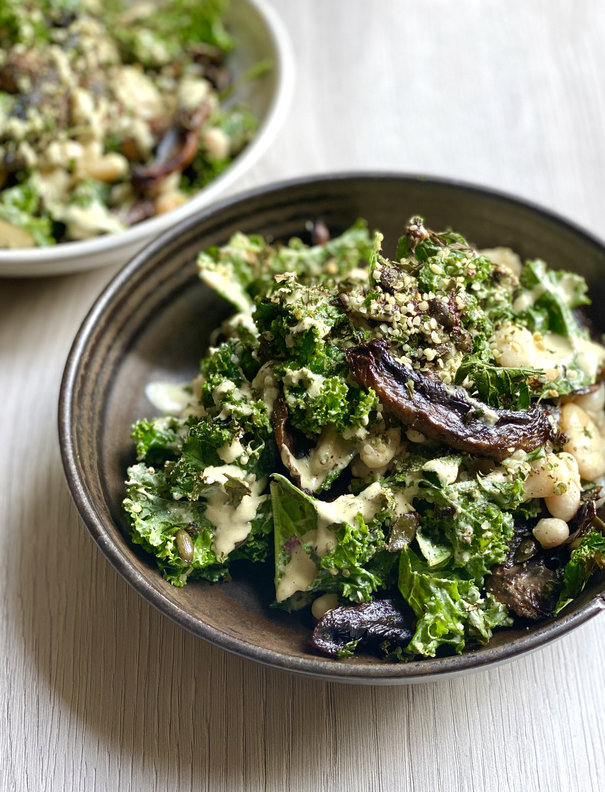 Kale &amp; white bean Caesar salad with tamari mushroom