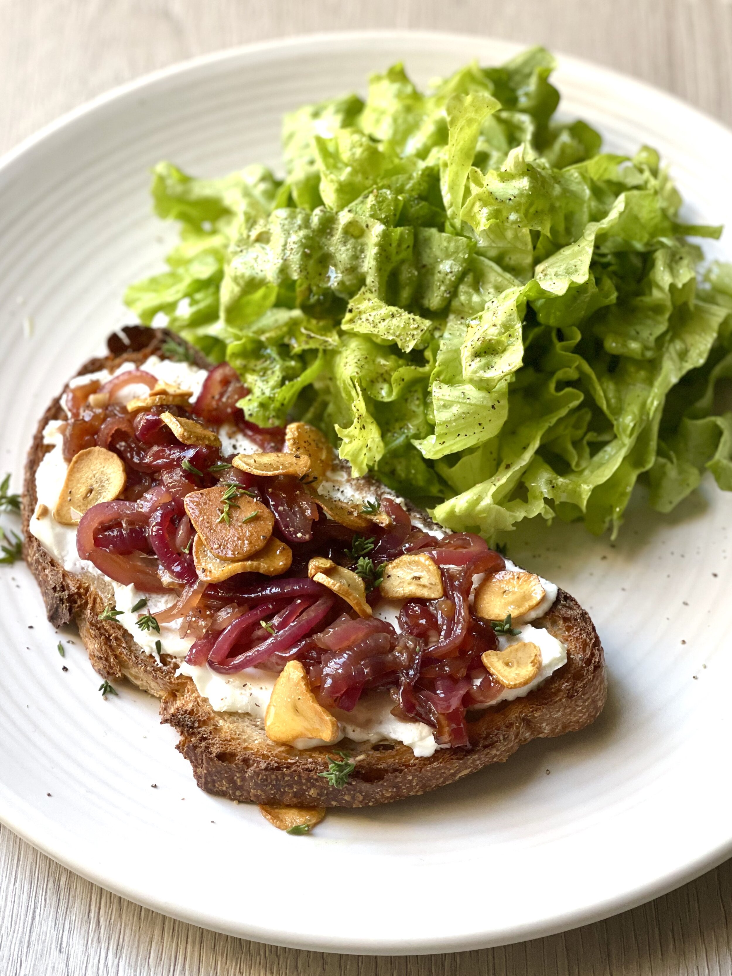 Red onion marmalade toast topper, with green salad and flavour hack Dijon vinaigrette