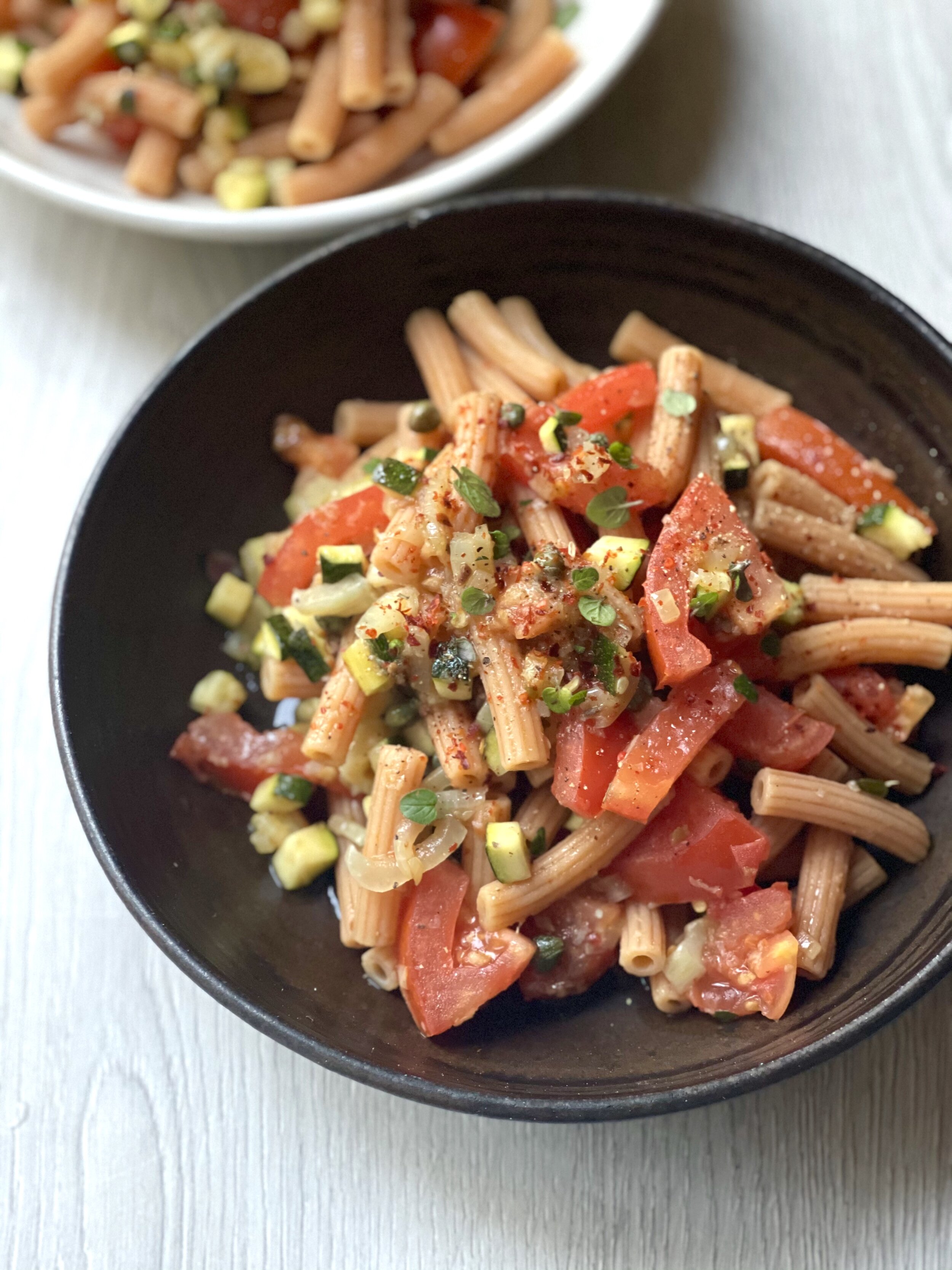 Joey and Katy's quick ratatouille and caper vinaigrette pasta