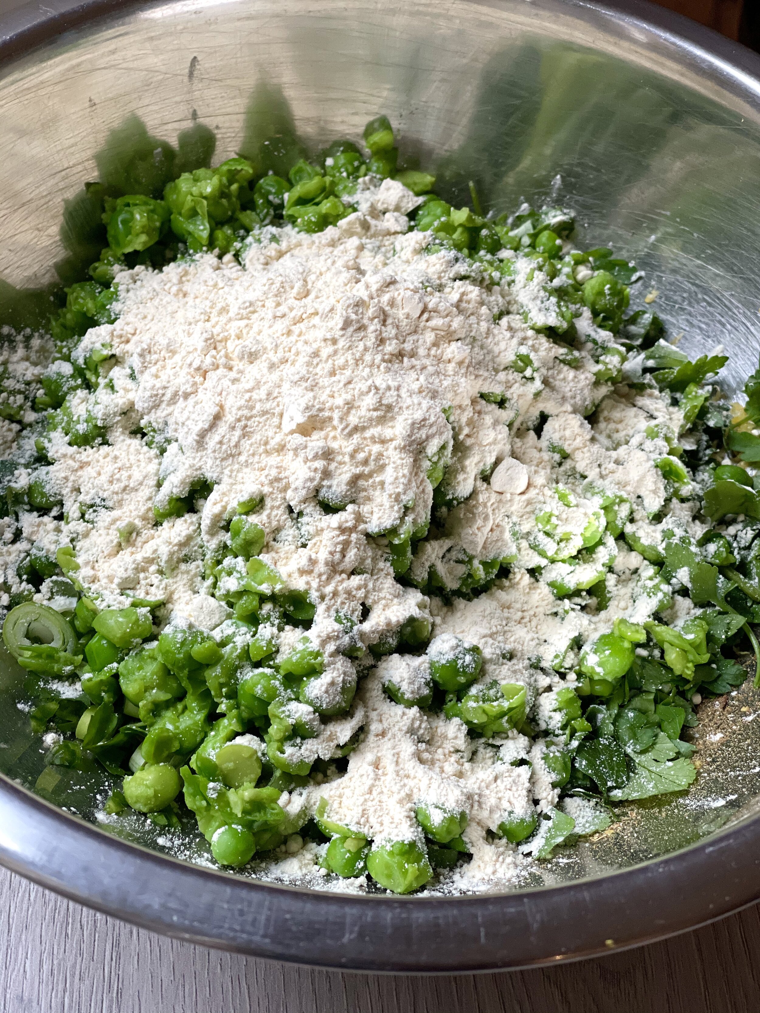 Gram flour and peas for pea fritters