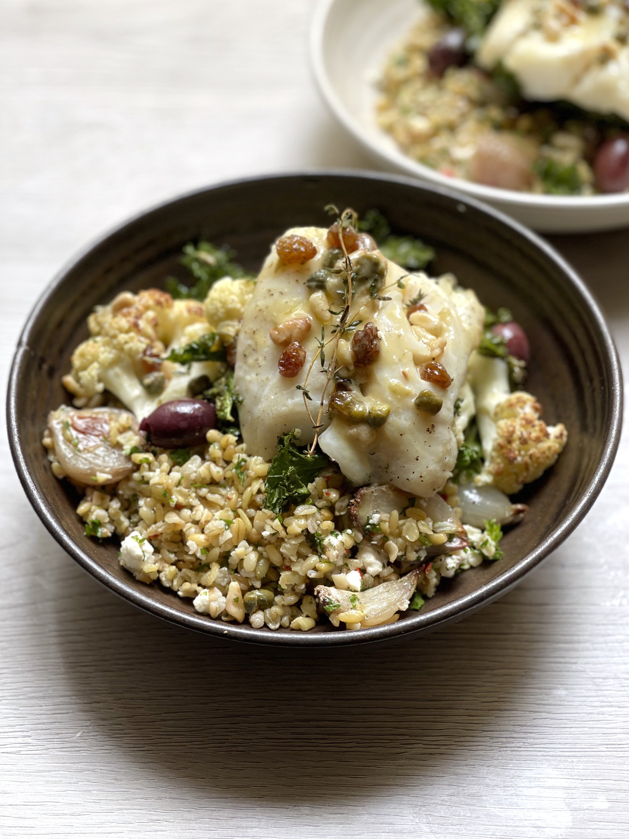 Joey and Katy's roasted cod with kale and cauliflower