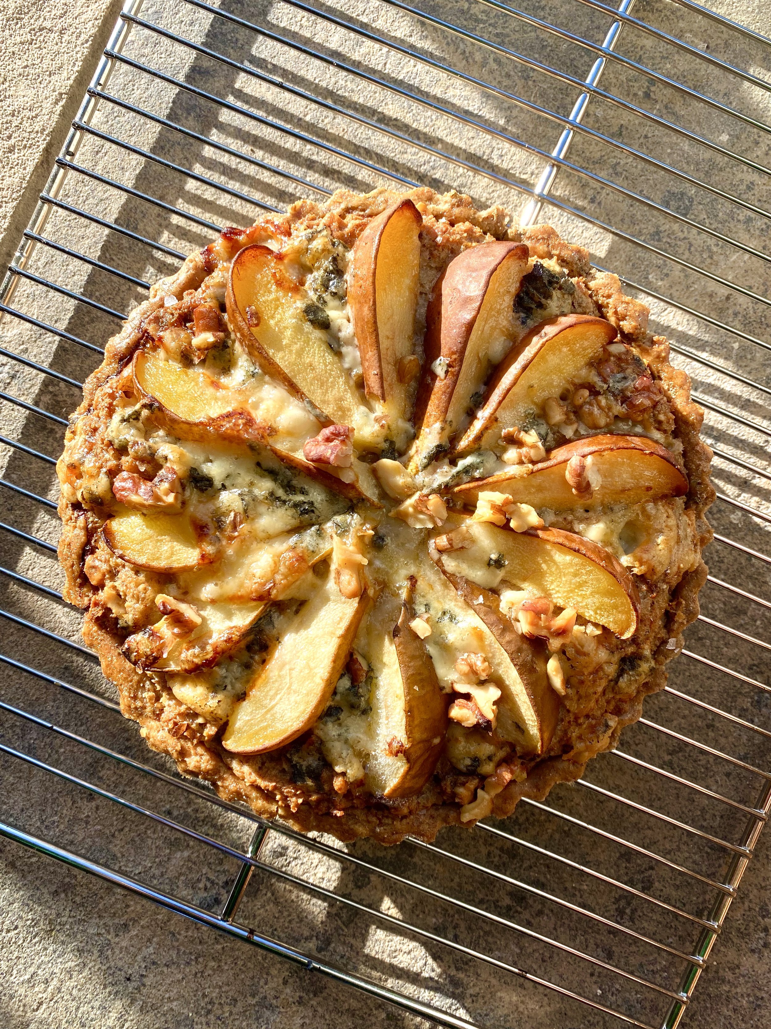 Pear, roquefort and walnut bakewell tart