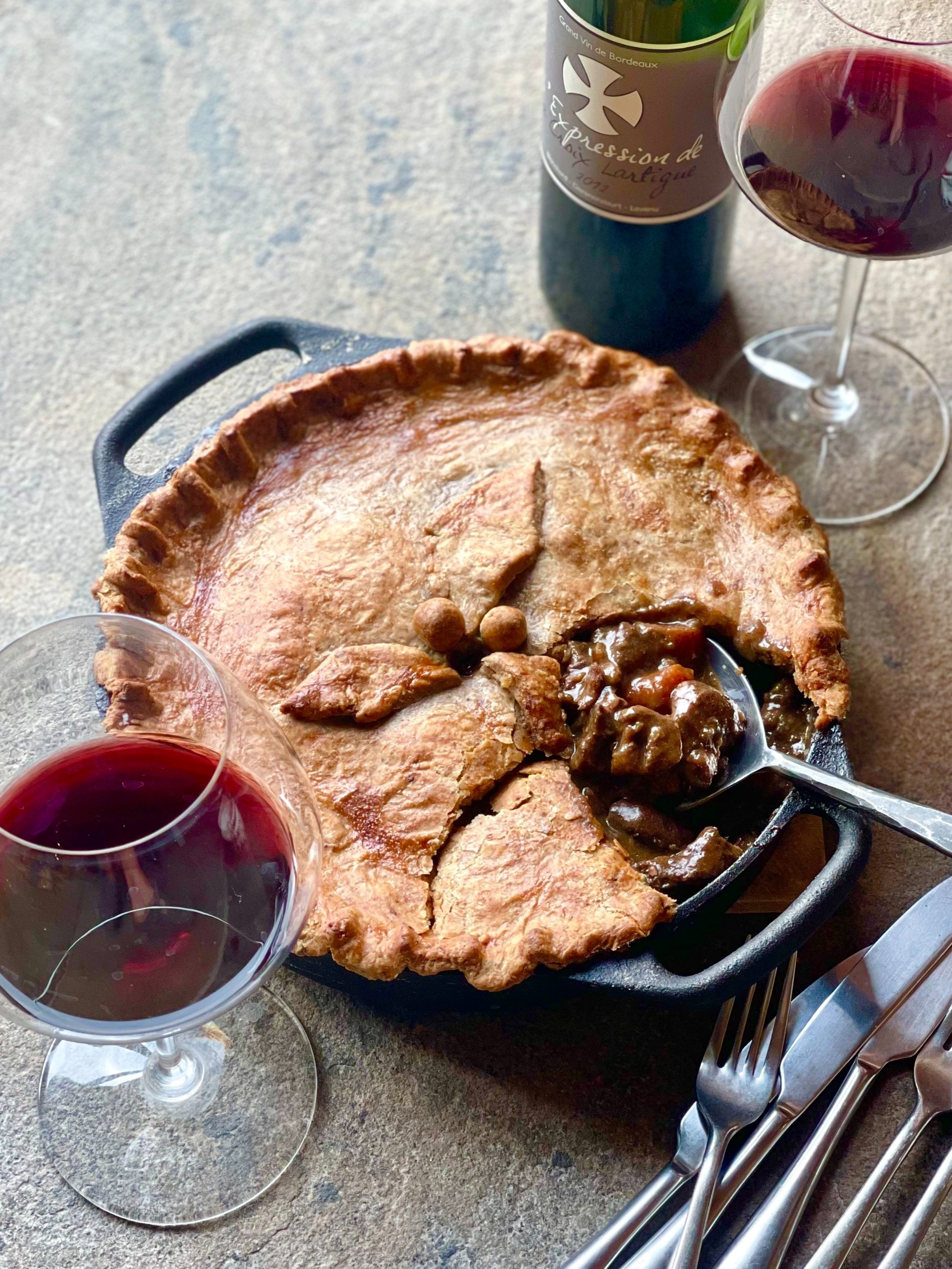 Beef pie paired with a red Bordeaux wine
