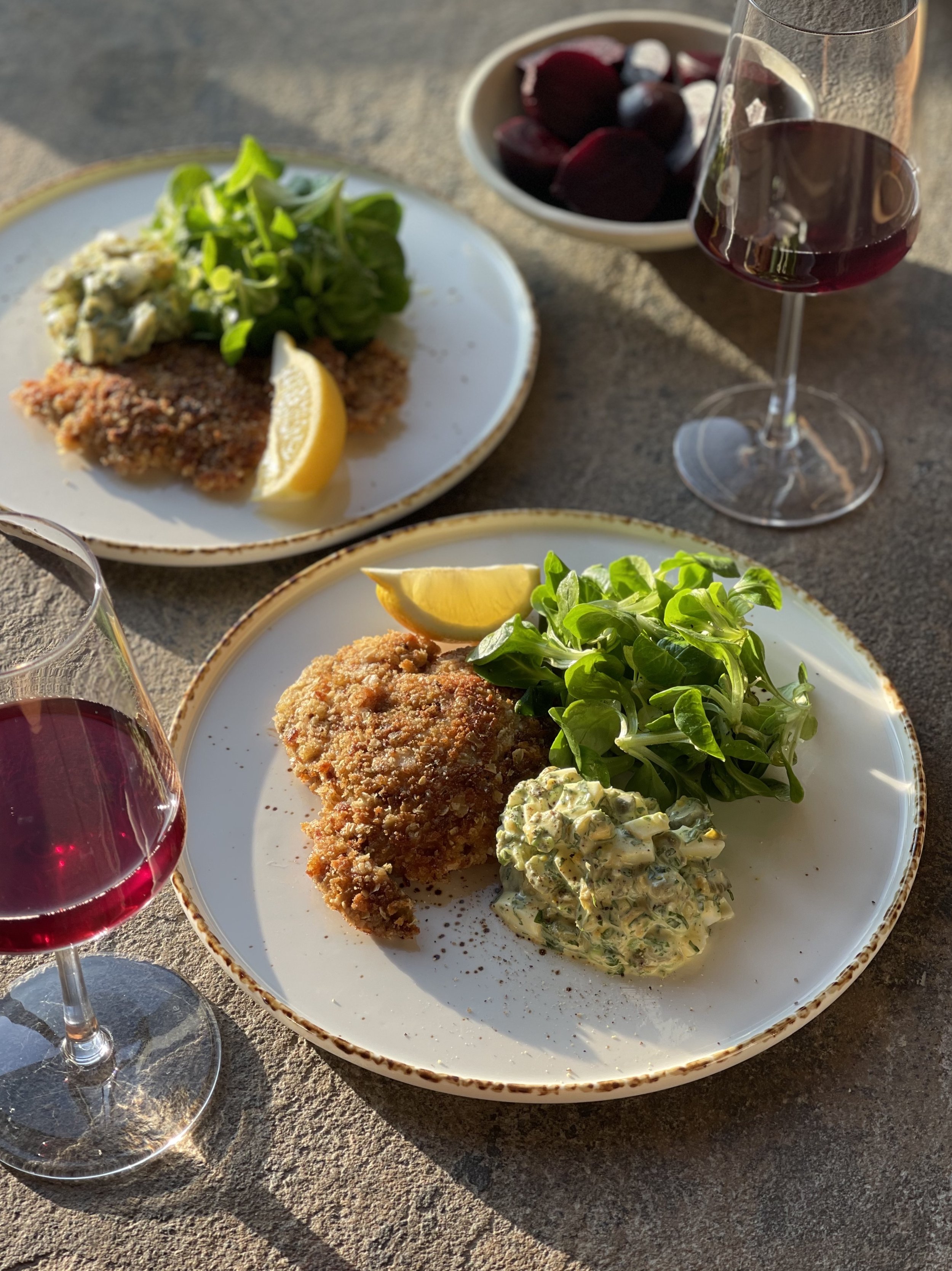 Joey and Katy paired wine with pheasant schnitzel