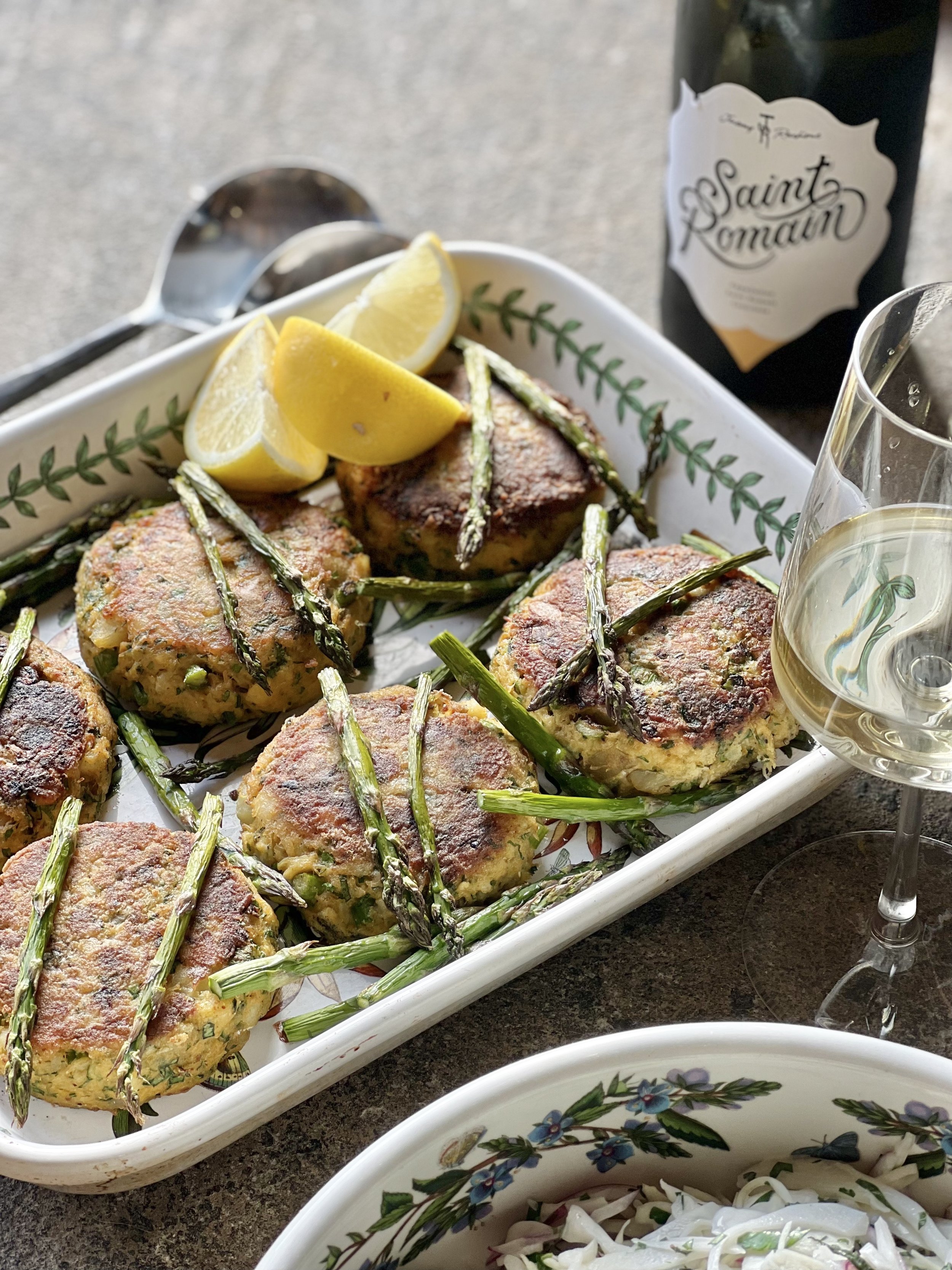 Roasted crab cakes with British asparagus