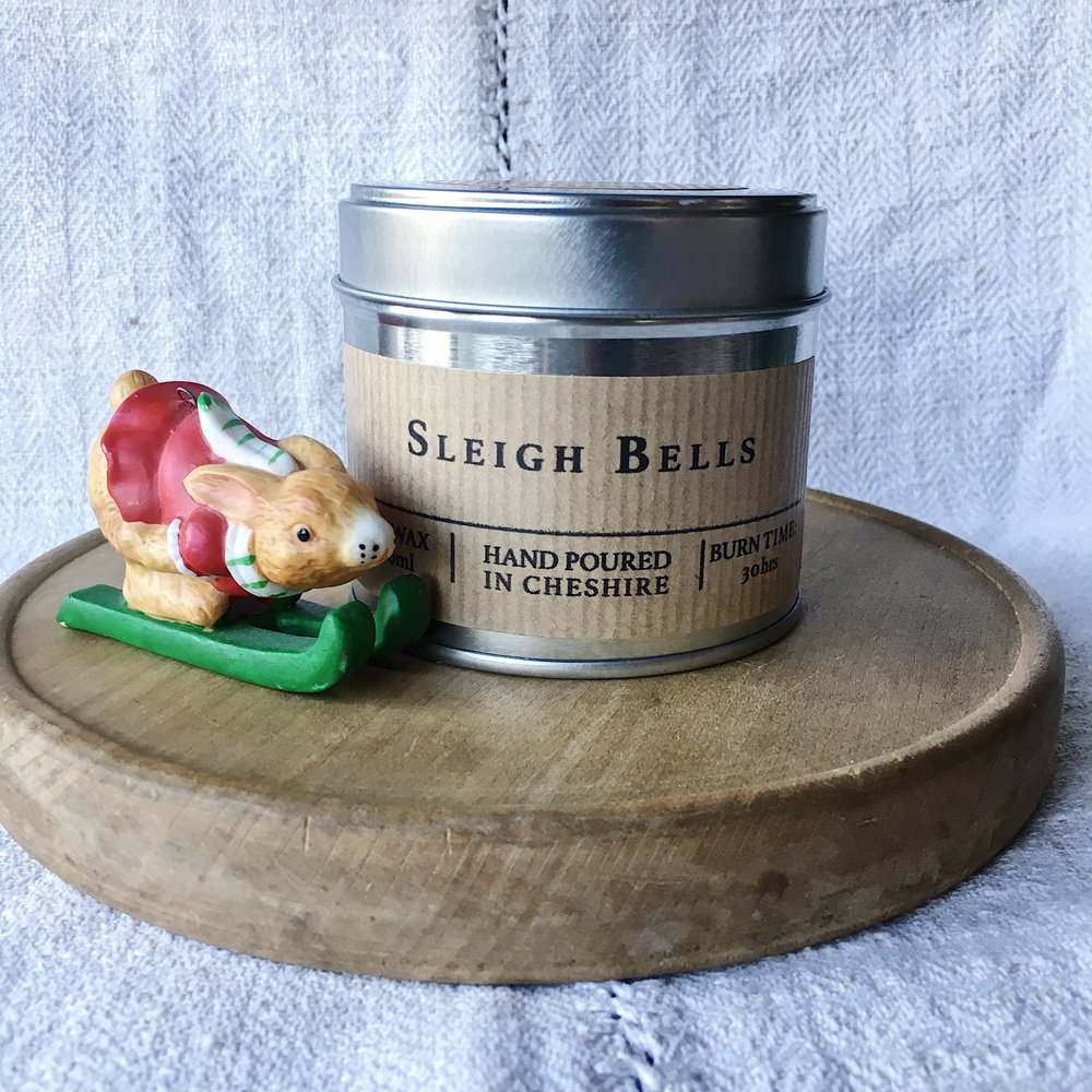 Sleigh Bells hand-poured soy wax Christmas candle tin