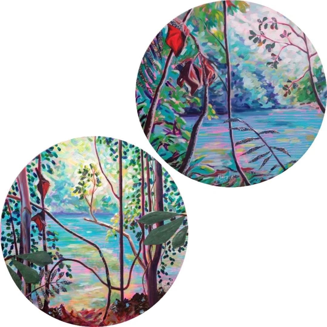 TRANQUILITY 3 & 4  
SGD 1,300 60 x 60cm, Acrylic and Fabric Collage on Canvas 
 Currently displayed at i12 Katong