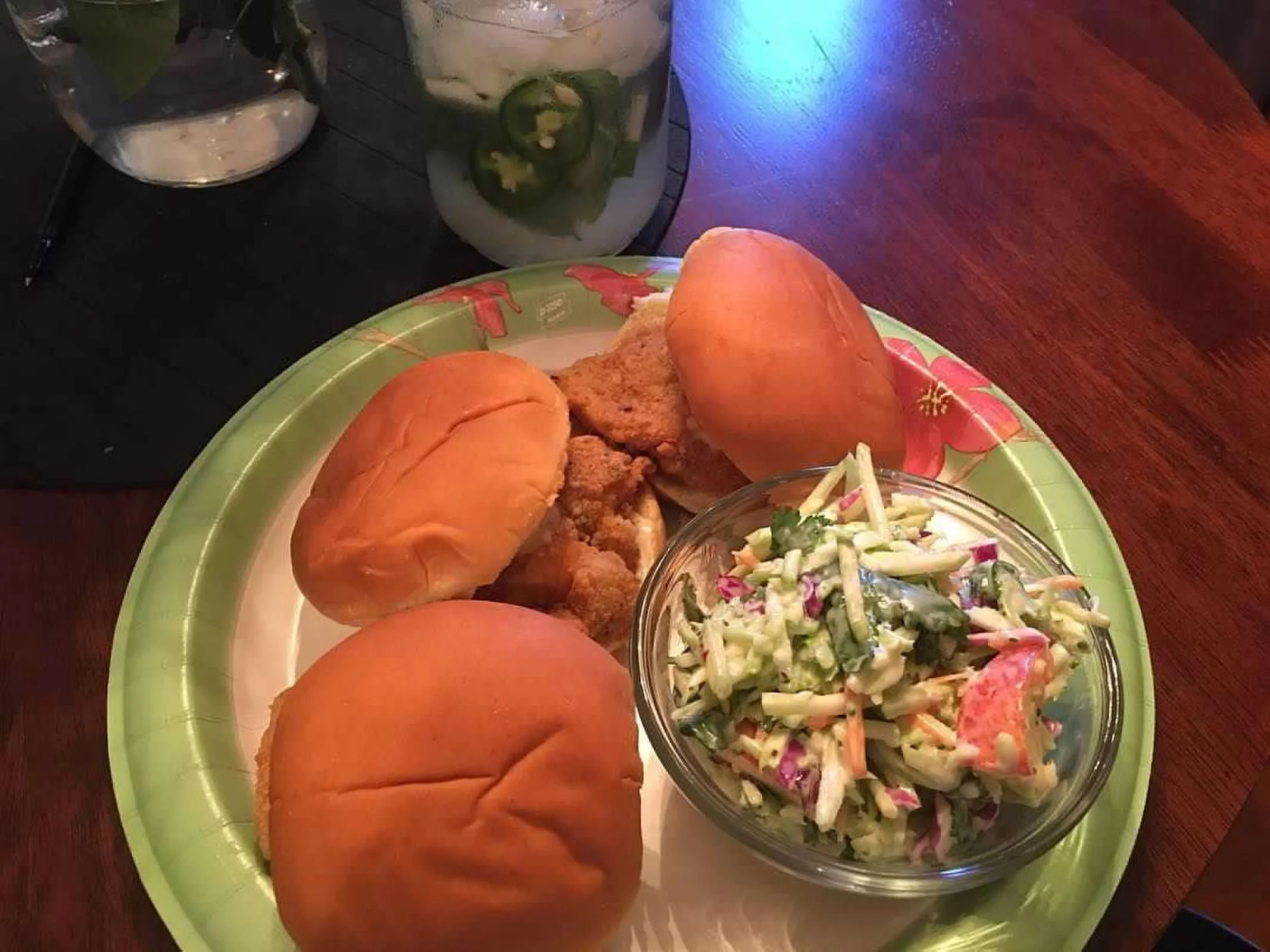 Catfish sliders with a side of broccoli slaw