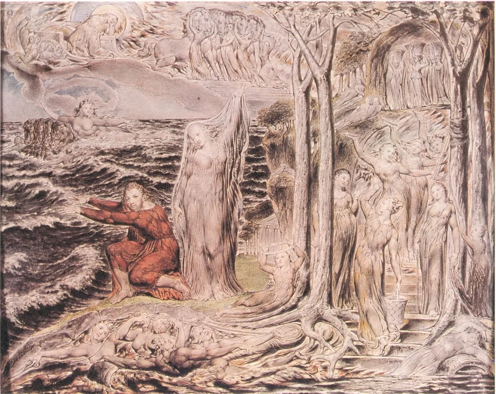 Meditating on this piece of William Blake&rsquo;s, &ldquo;The Sea of Time and Space&rdquo; or &ldquo;The Cycle of the Life of Man&rdquo;. Here we see Odysseus, kneeling by the sea, throwing back Leucothea&rsquo;s girdle (which the goddess gave him to