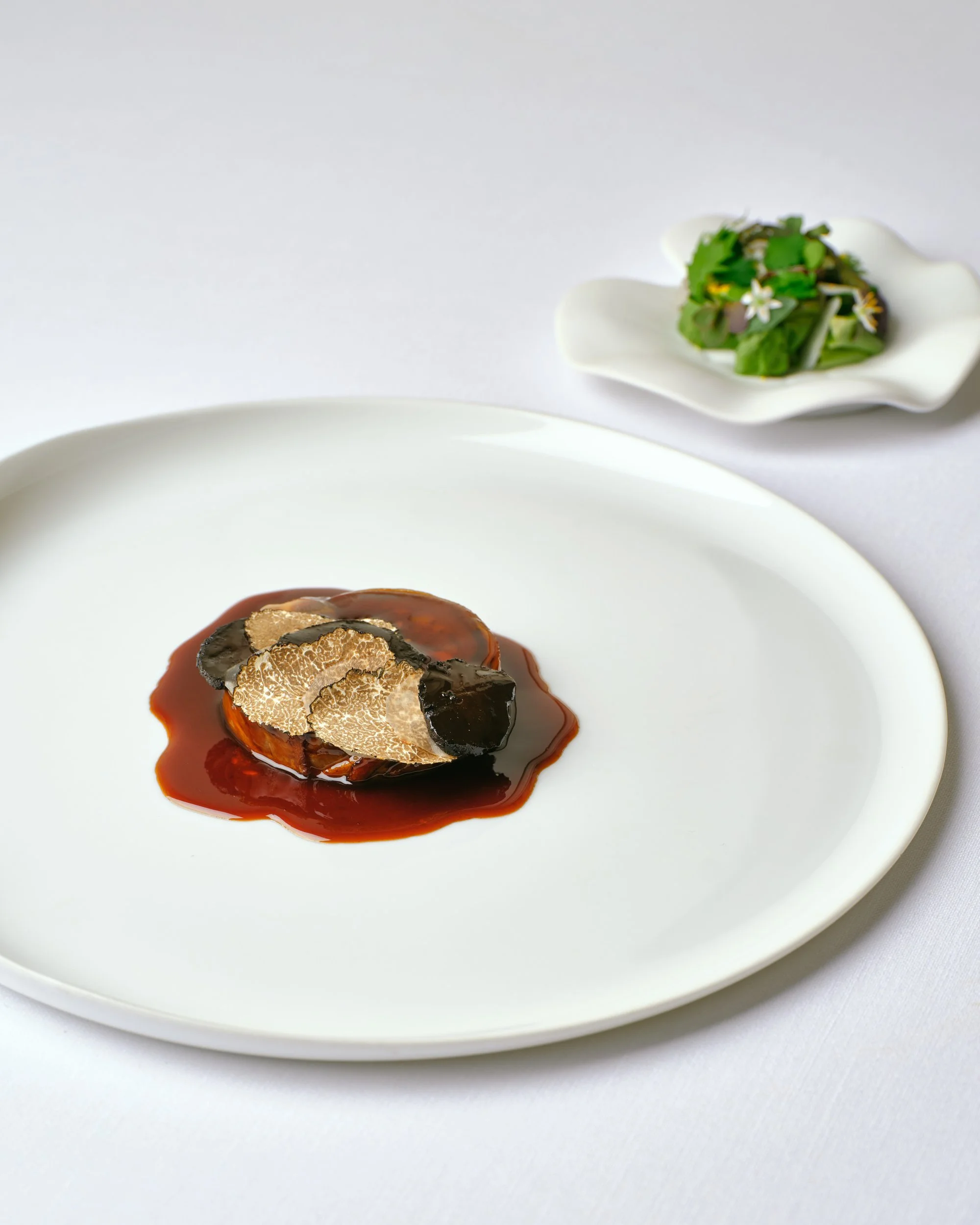 A fine dining main course with a glossy dark sauce on a wide white plate, with a small side dish of green herbs in the background.